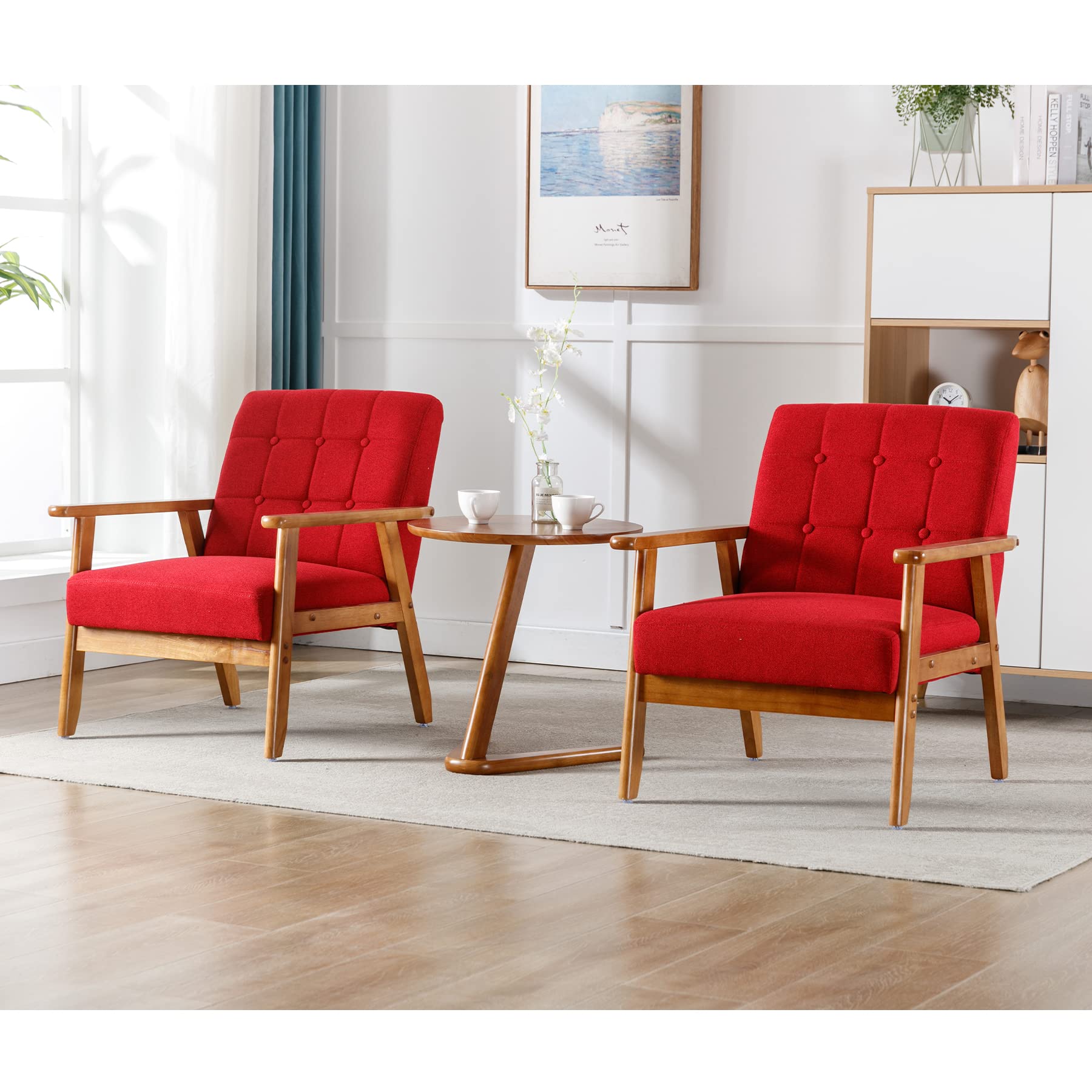 **Olela Mid-Century Modern Accent Chair Set of 2 with Side Table - Button Tufted Armchair in Red Linen Fabric, Comfy Corner Chairs for Living Room, Bedroom & Apartment - Perfect for Reading Nooks, Lounge Areas & Small Spaces**