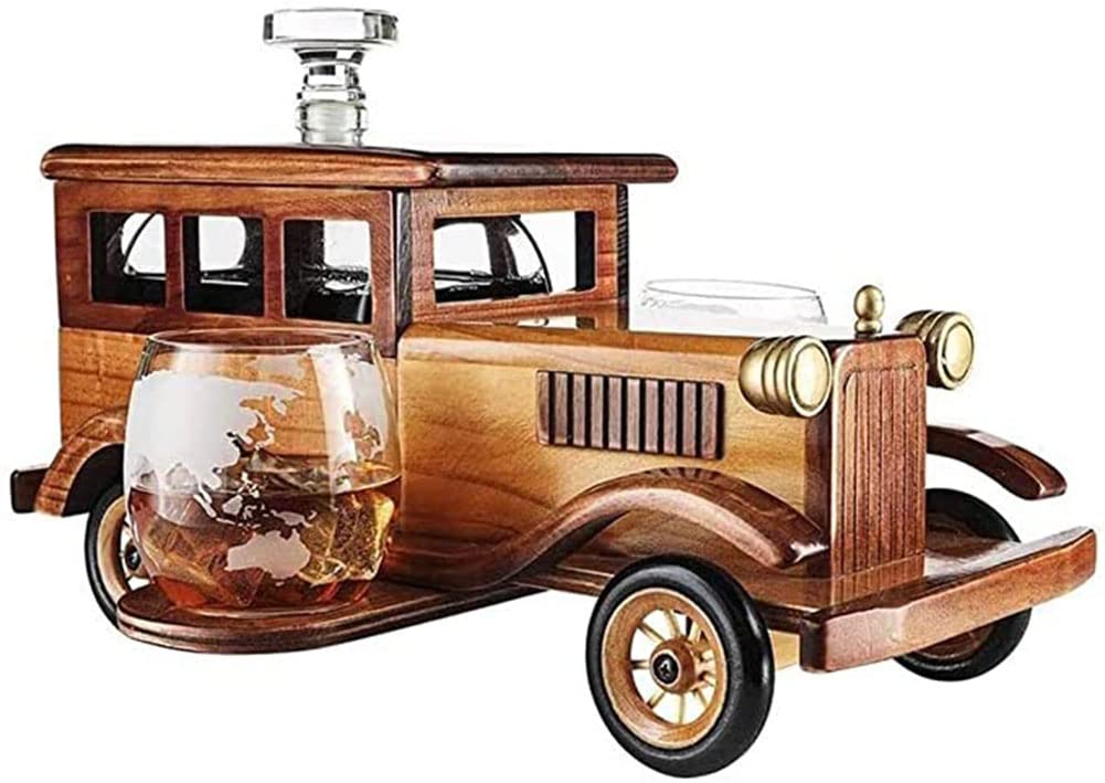 Premium 1000ml Whiskey Decanter Set with 2 Crystal Glasses & Whiskey Stones - Vintage Car Stand Bourbon Gift Set for Men - Perfect for Home Bar, Gifts, Parties & Halloween Celebrations