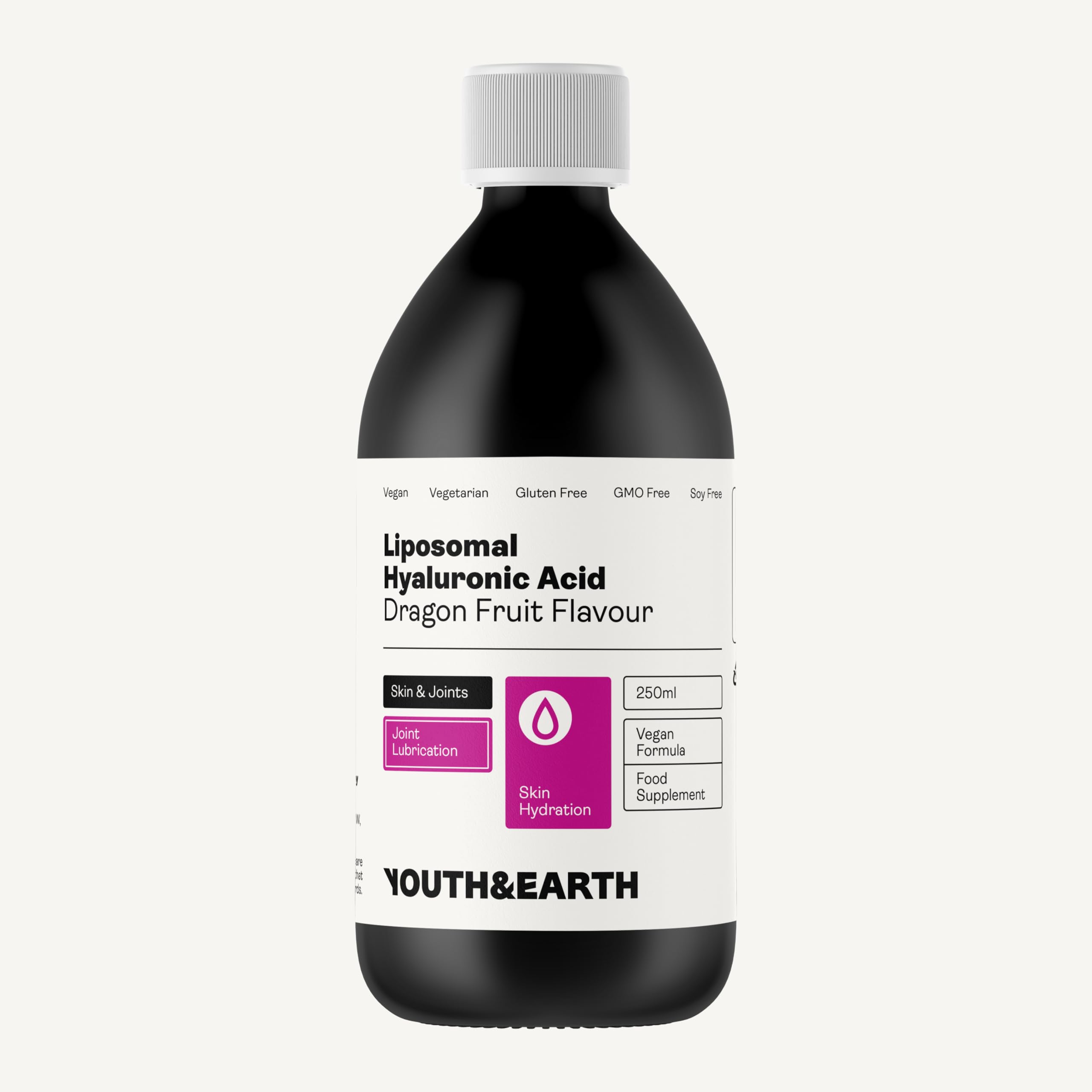 Youth & Earth Liposomal Hyaluronic Acid Liquid Supplement - Pure Vegan Hyaluronic Acid for Skin Hydration & Joint Support - Dragon Fruit Flavor (250ml) - Perfect for Daily Skincare Routine & Active Lifestyle