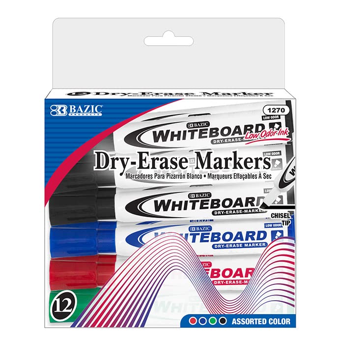 BAZIC 12-Pack Assorted Color Dry Erase Markers with Chisel Tip - Low Odor Whiteboard Pens for Office, School & Home Use - Perfect for Presentations, Teaching, and Creative Planning