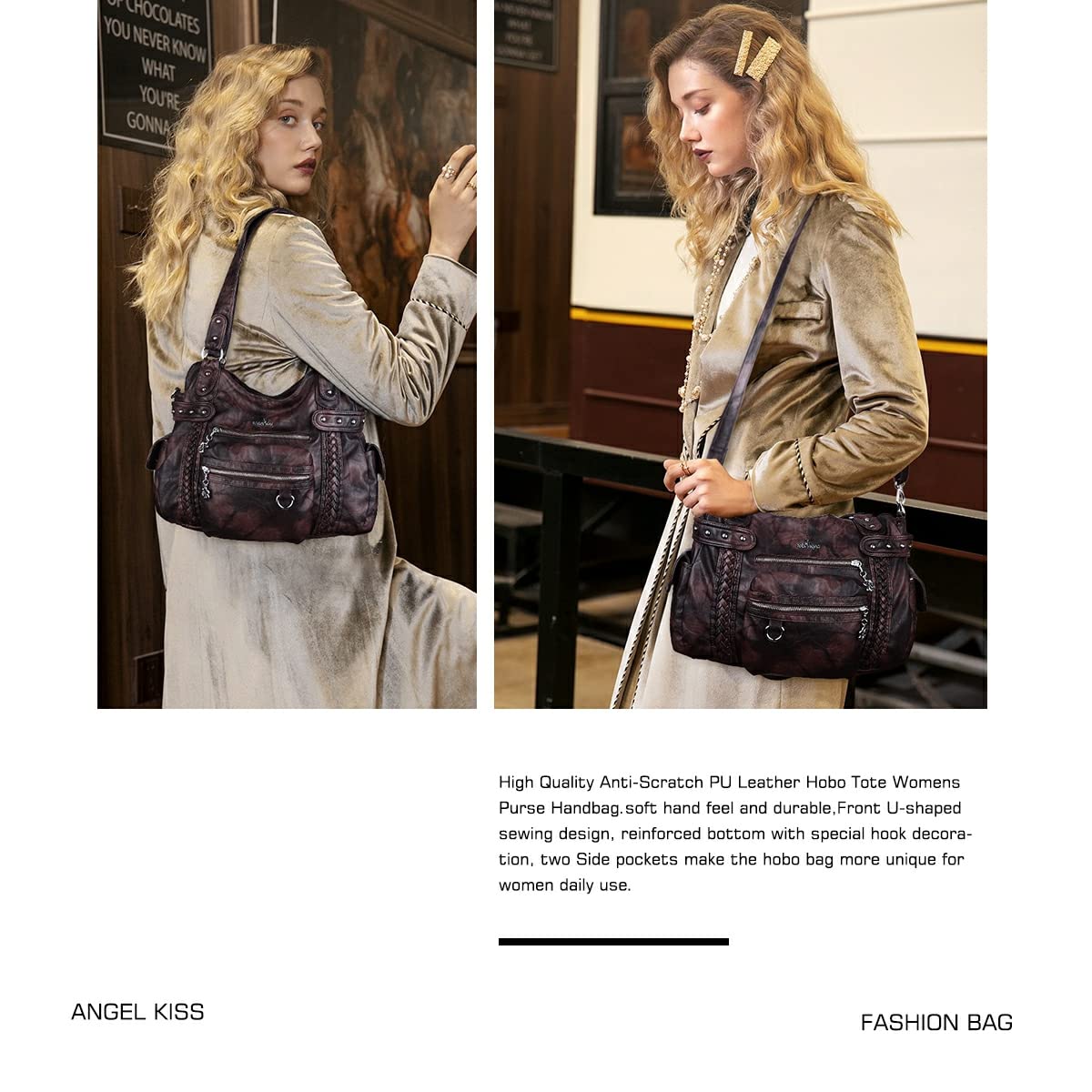 Angel Kiss Hobo Handbags for Women - Soft PU Leather Shoulder Bag Ladies Purse - Perfect for Work, Travel & Everyday Use