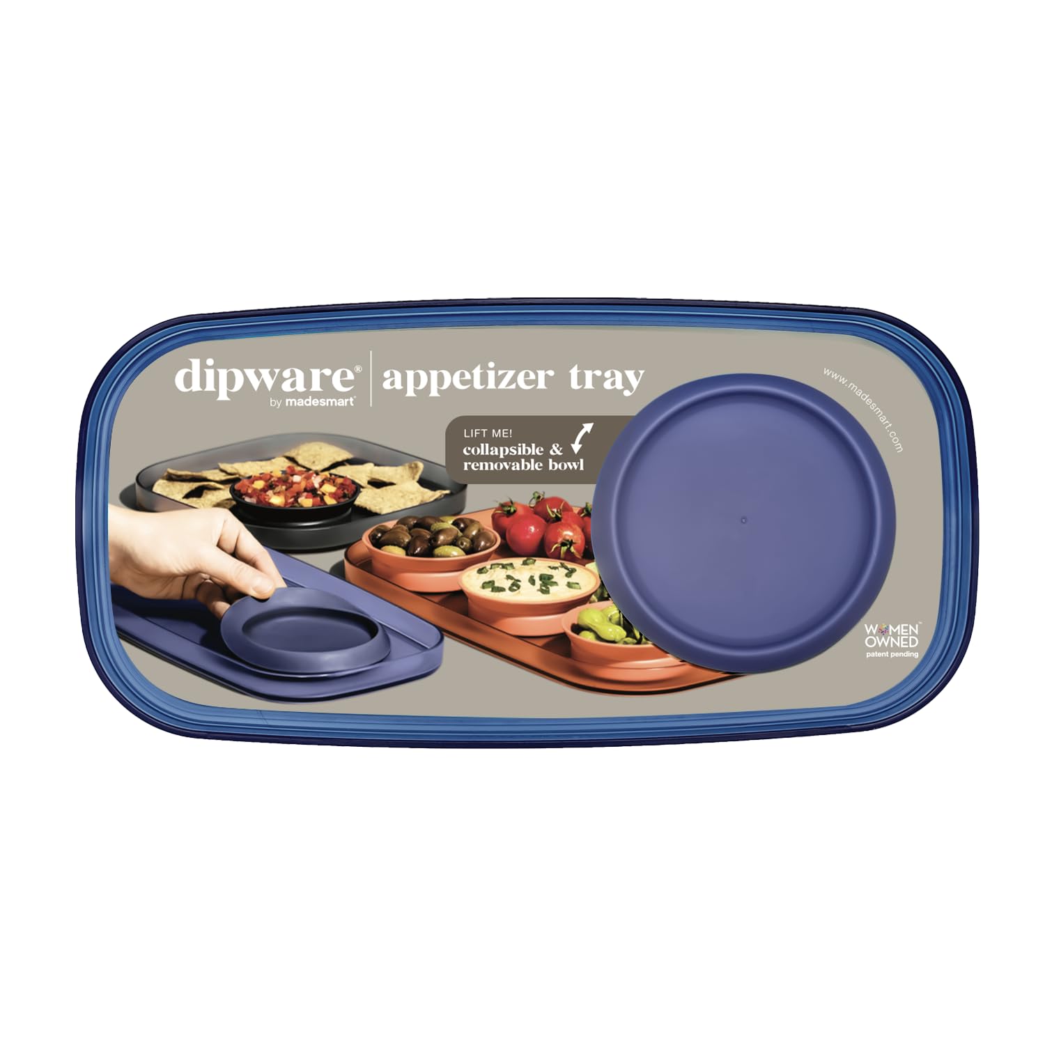 MadeSmart Dipware Small Serving Tray with Collapsible & Removable Dip Bowl - Perfect for Appetizers, Snacks, Chips & Dips - Reusable Multipurpose Serving Tray with Translucent Blue Bowl - Ideal for Parties, Picnics & Entertaining