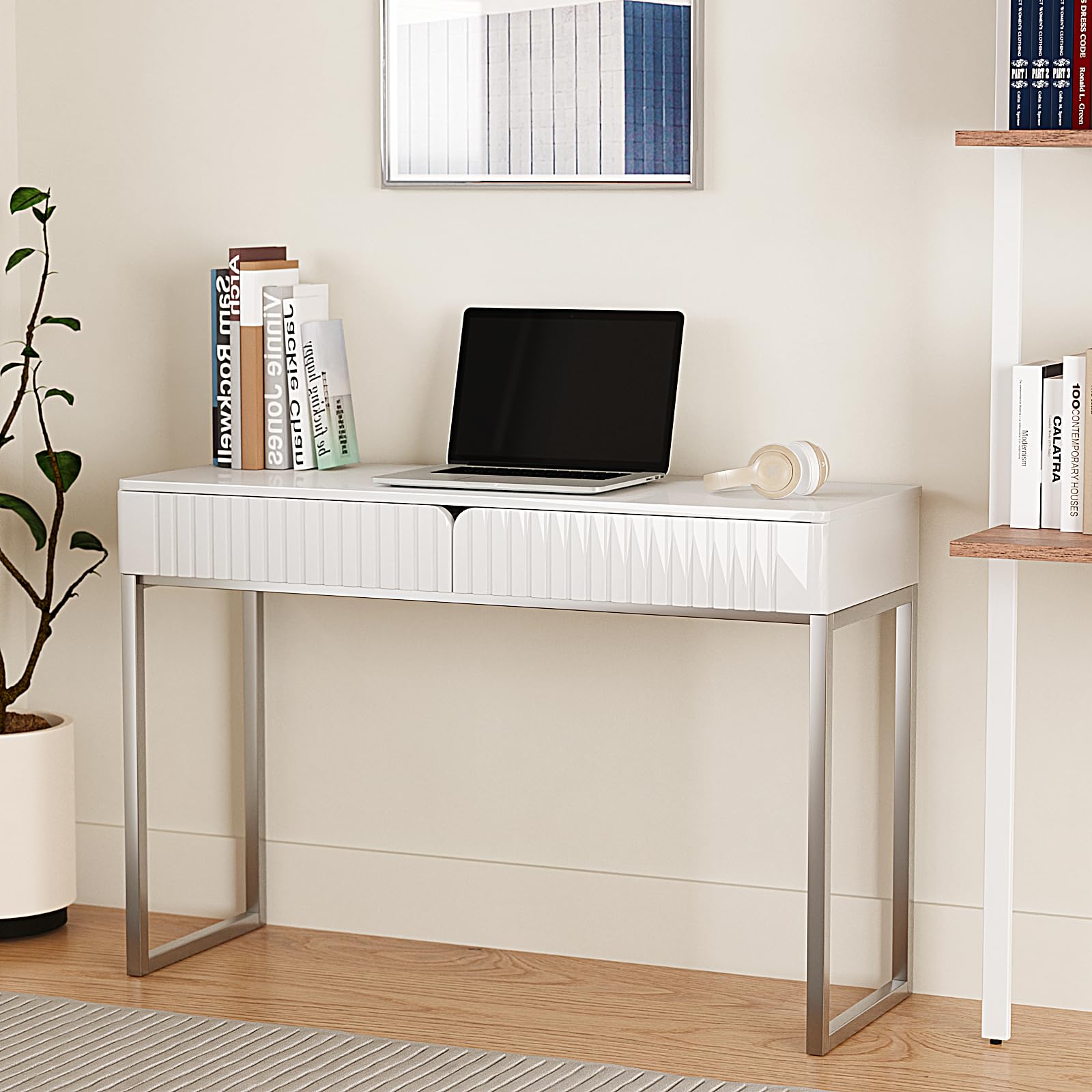 White Vanity Desk with 2 Drawers - Modern Silver & White Home Office Desk, Glossy Makeup Table with Wood Top & Metal Legs - Perfect for Writing, Computer Work & Standing Desk Setup in Bedroom or Office