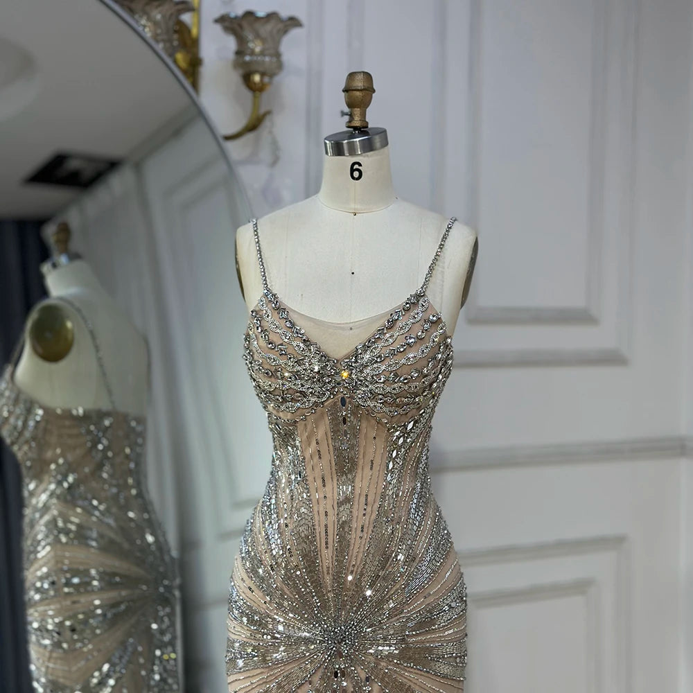 Luxury Dubai Silver Nude Beaded Spaghetti Strap Mermaid Evening Dress Gown for Women - Formal Party, Prom, Wedding Guest, Red Carpet Events LA72803