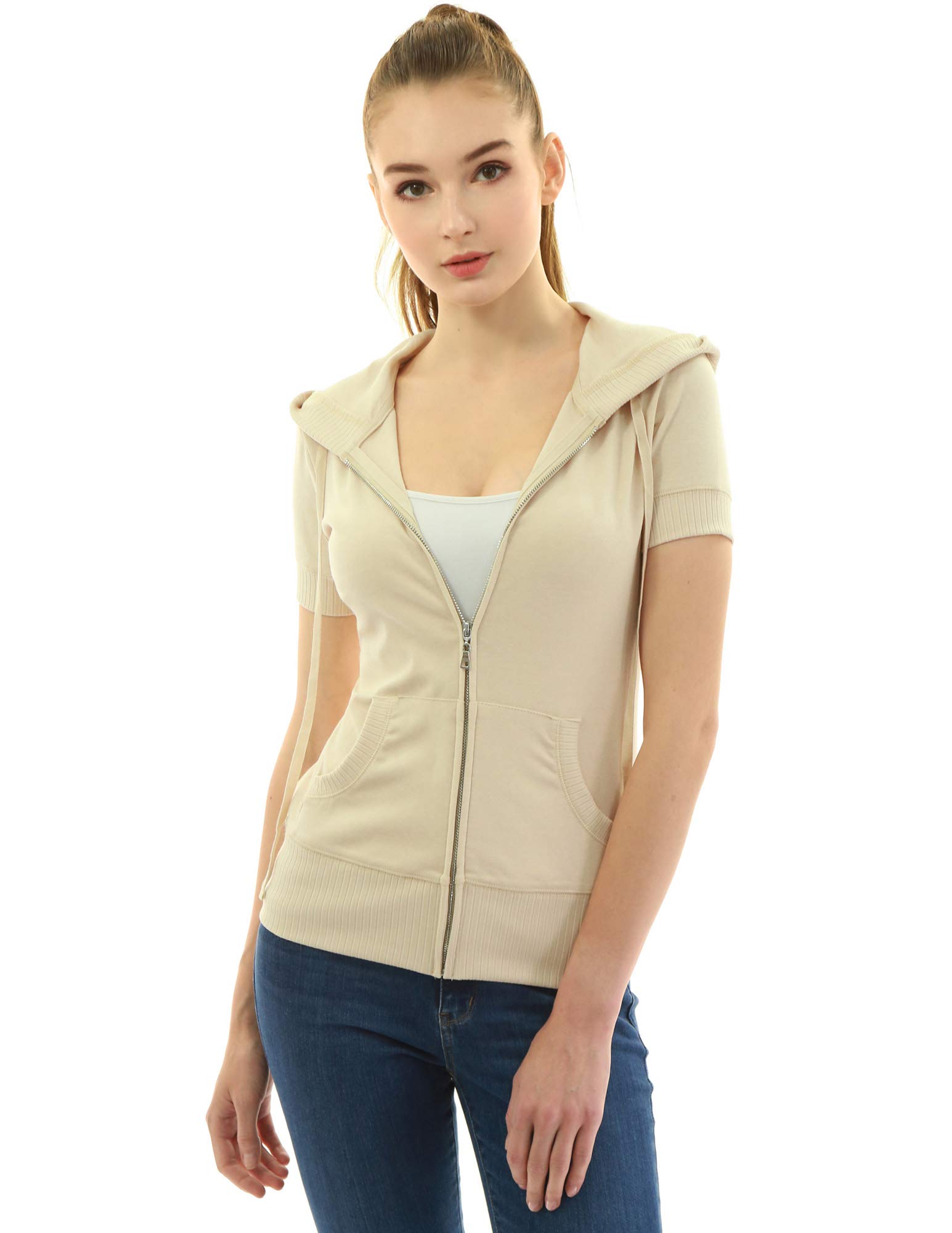 AmélieBoutik Women's Cotton Blend Zip-Up Hoodie with Kangaroo Pocket - Short Sleeve Casual Jacket for Spring & Fall Outdoor Activities