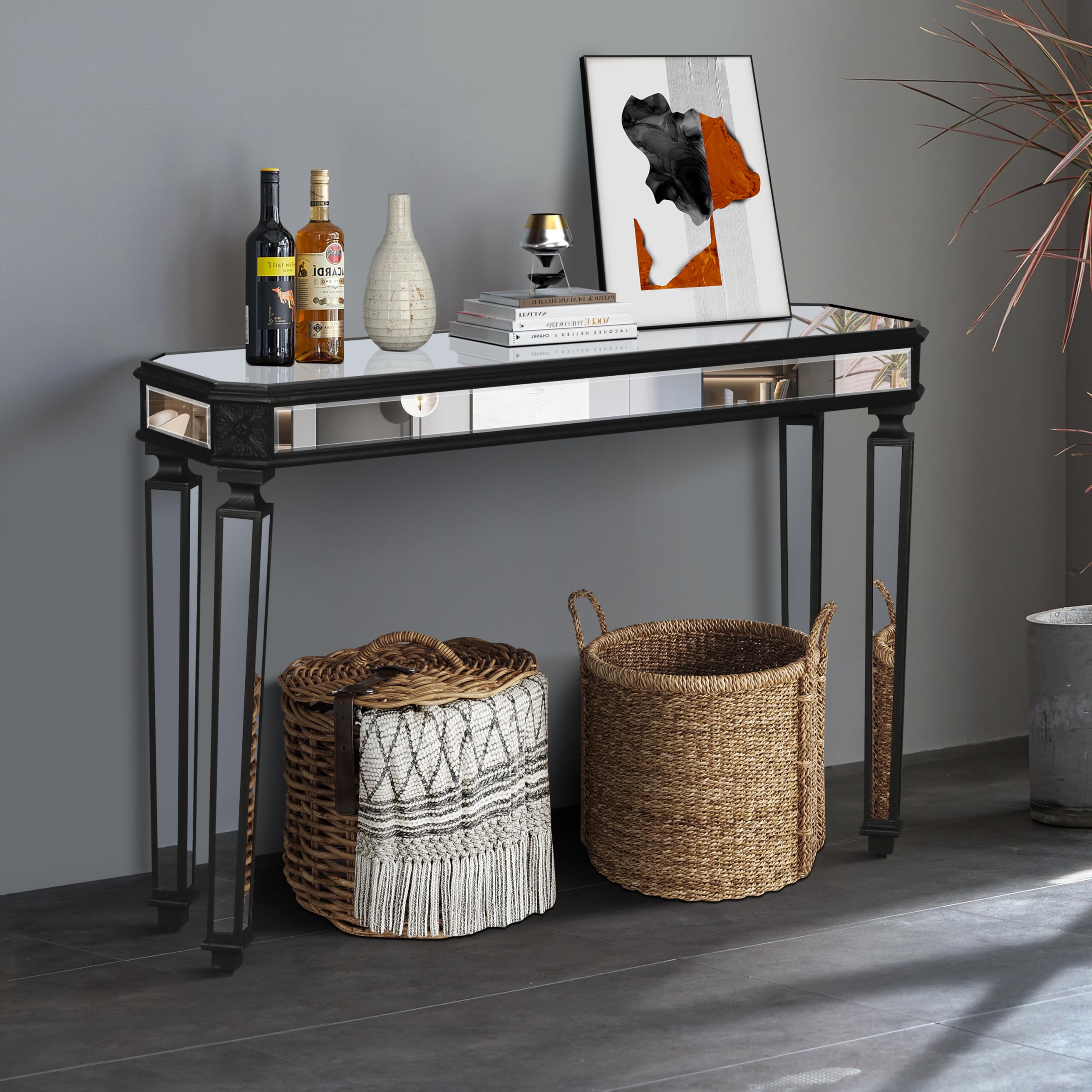 Elegant Mirrored Console Table with Vintage Wood Grain Carving - Modern Makeup Vanity & Media Console Desk for Women - Smooth Finish Home Office Writing Desk - Perfect for Bedroom, Living Room & Dressing Area