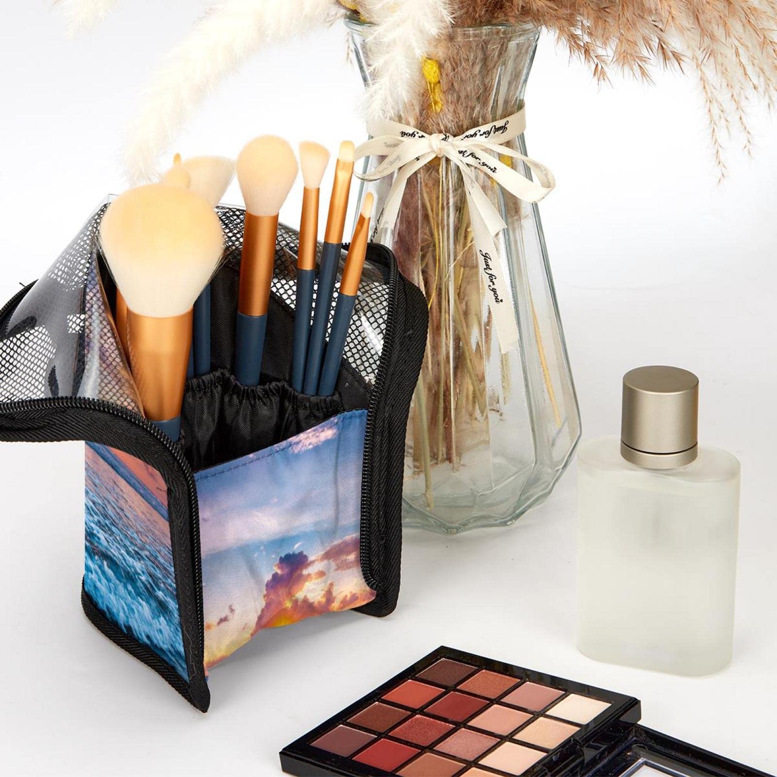 12-Piece Makeup Brush Organizer Bag - Sunrise Beach Blue Sky Design, Portable Cosmetic Brush Holder Case for Travel & Home Storage