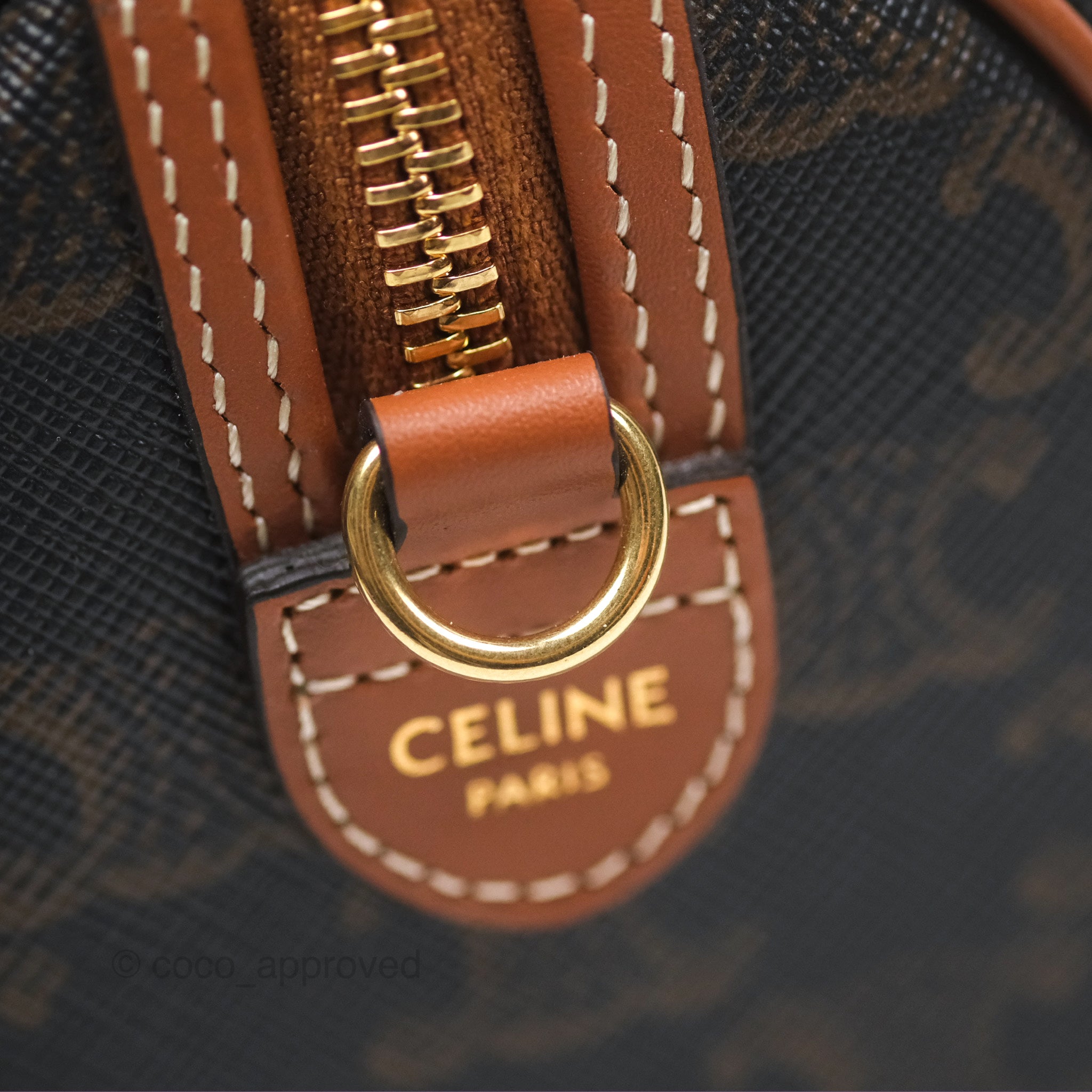 Celine Small Boston Bag Triomphe Canvas Tan Calfskin Leather Crossbody Purse for Women | Luxury Designer Handbag for Work, Travel & Everyday Use