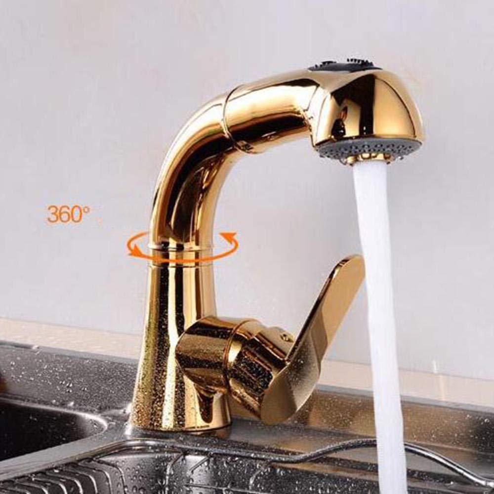 Premium Gold Pull Down Kitchen Faucet with Sprayer - Brass Hot & Cold Water Sink Tap with Telescopic Rotating Spout - Perfect for Modern Kitchens & Bar Sinks