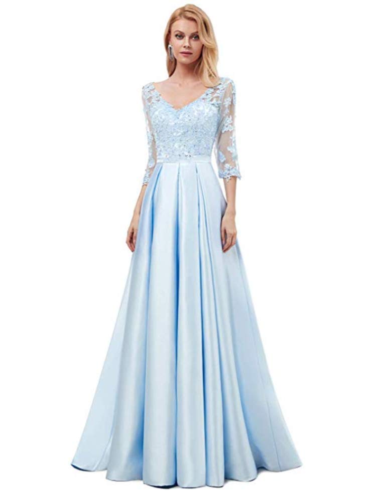 Elegant Sky Blue A-Line V-Neck Bridesmaid Dress with 3/4 Sleeves for Evening Parties, Weddings & Formal Events