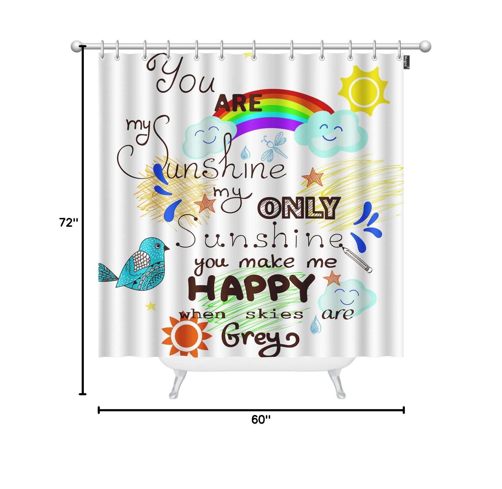 You Are My Sunshine Shower Curtain - Waterproof Fabric Bathroom Decor with Bird, Cloud, Rainbow & Sun Design (60x72 Inches) - Includes 12 Hooks | Perfect for Kids' Bathroom, Nursery, or Cheerful Home Decor