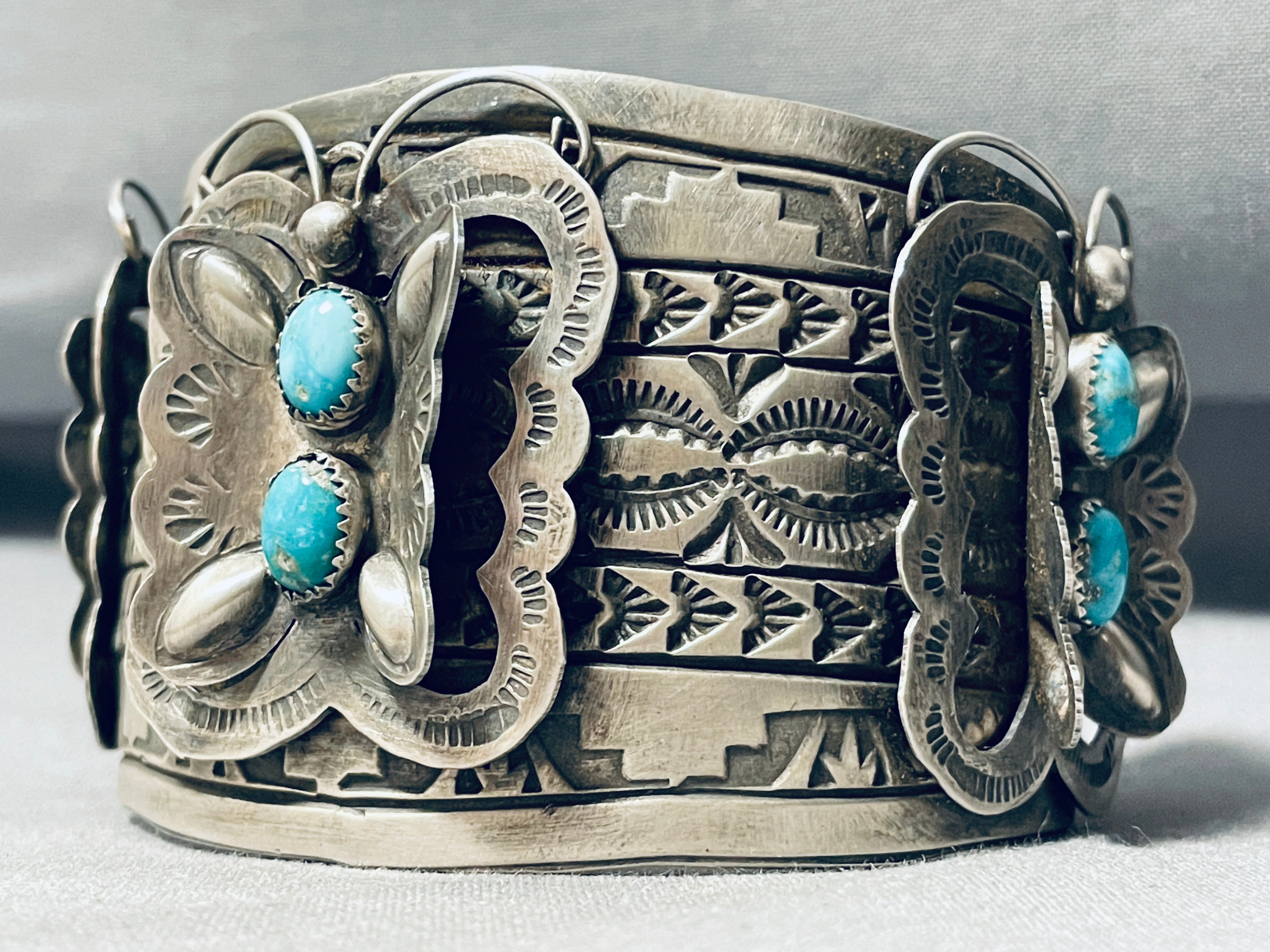 123 Gram Stunning Navajo Turquoise Sterling Silver Butterfly Bracelet - Perfect for Boho Fashion, Gift Giving & Special Occasions