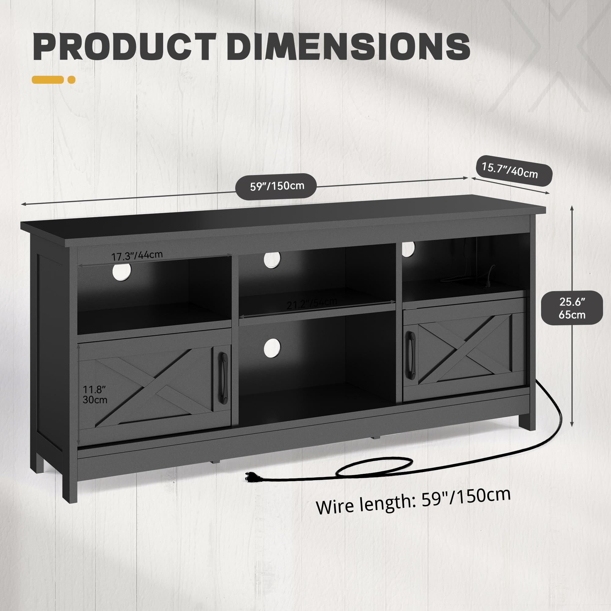 YITAHOME 65 Inch TV Stand with Storage Cabinets, Power Outlet & LED Lights - Modern Entertainment Center Media Console for Living Room, Bedroom or Home Theater - Black