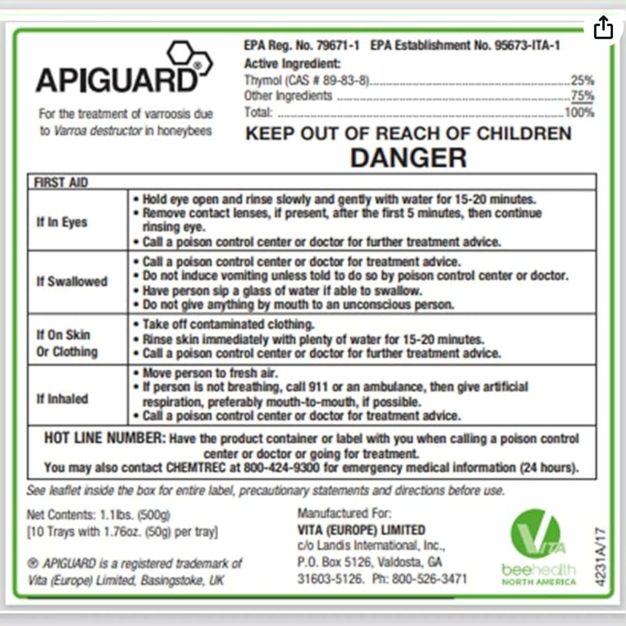 Apiguard ONE Box of 10x50g Varroa Mite Treatment Trays for Honey Bee Hives - 2 Trays per Hive Recommended - Natural Beehive Protection by Vita Bee Health - Perfect for Beekeepers & Apiary Maintenance