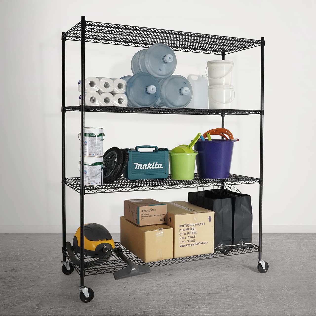 CAPHAUS Heavy-Duty Adjustable Height 4-Tier Wire Shelving Unit with Wheels - 60Wx24Dx76H Black Metal Storage Rack for Garage, Kitchen, Office & Utility Room Organization