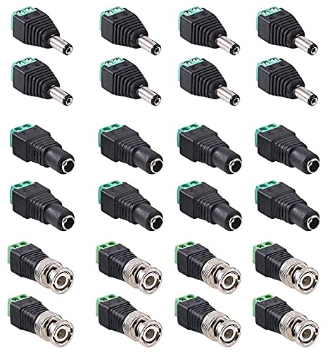 24-Pack DC Power Connectors & BNC Balun Adapters (8 Pairs 5.5x2.1mm DC Male/Female + 8 BNC Male) for LED Strips, CCTV Security Cameras - Power Supply Solutions for Home & Office Surveillance Systems