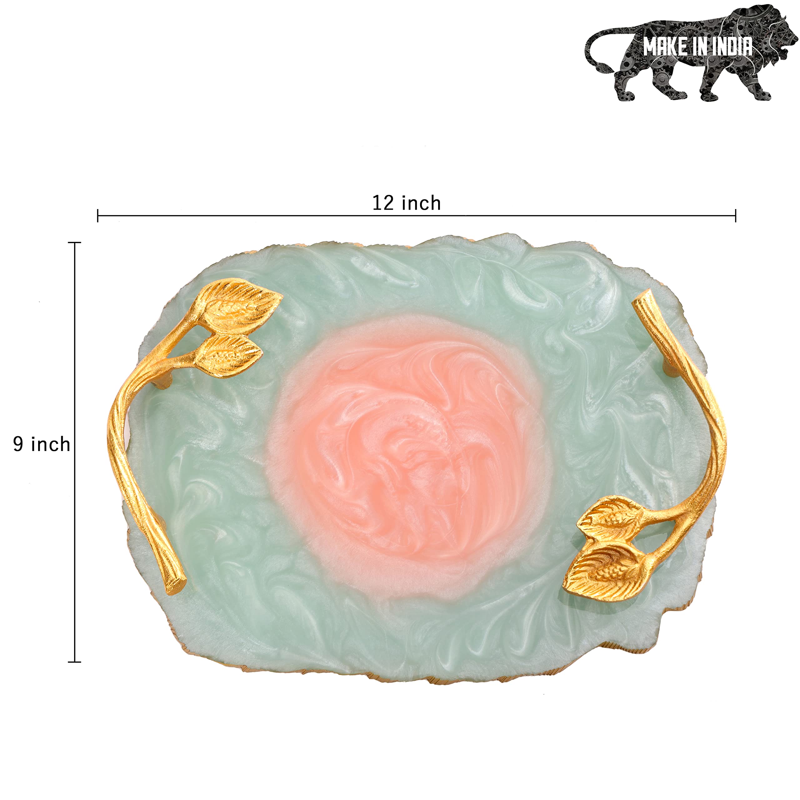 DULI Resin Serving Tray with Golden Handle - Water & Heat Resistant Multipurpose Tray for Dining Table, Coffee Table, and Home Decor - Elegant Aqua-Pink Showpiece Tray for Parties, Breakfast in Bed, and Gift Giving