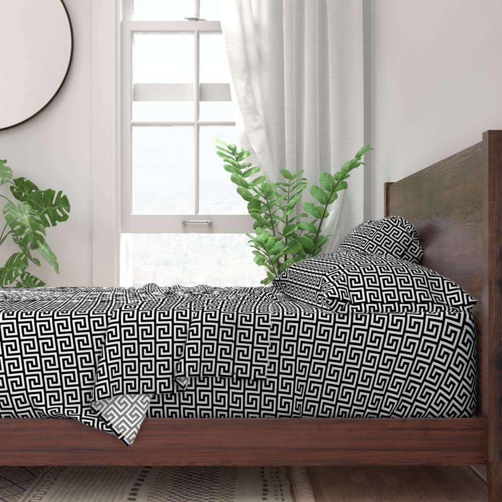 100% Cotton Twin Sheet Set 3pc - Greek Key Black & White Pattern | Minimalist Monochrome Nursery Bedding | Soft Breathable for Baby & Kids Room Decor