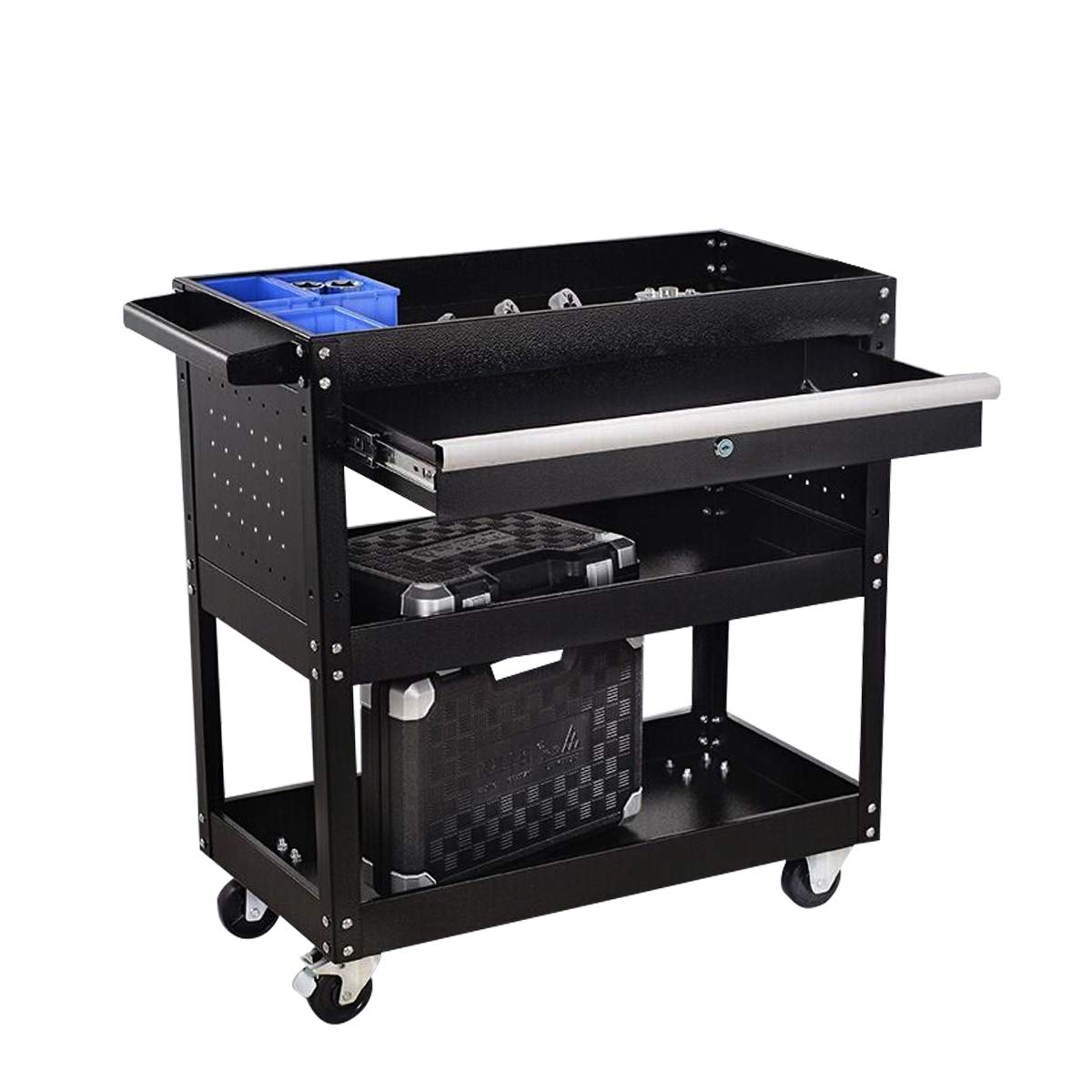 X&T 3-Tier Heavy Duty Rolling Tool Cart with Drawer & Lock - 300 lbs Capacity Industrial Mobile Utility Cart on Wheels for Mechanics, Warehouse, Garage, Office & Home Use - Perfect for Organizing Tools & Cleaning Supplies (Black)