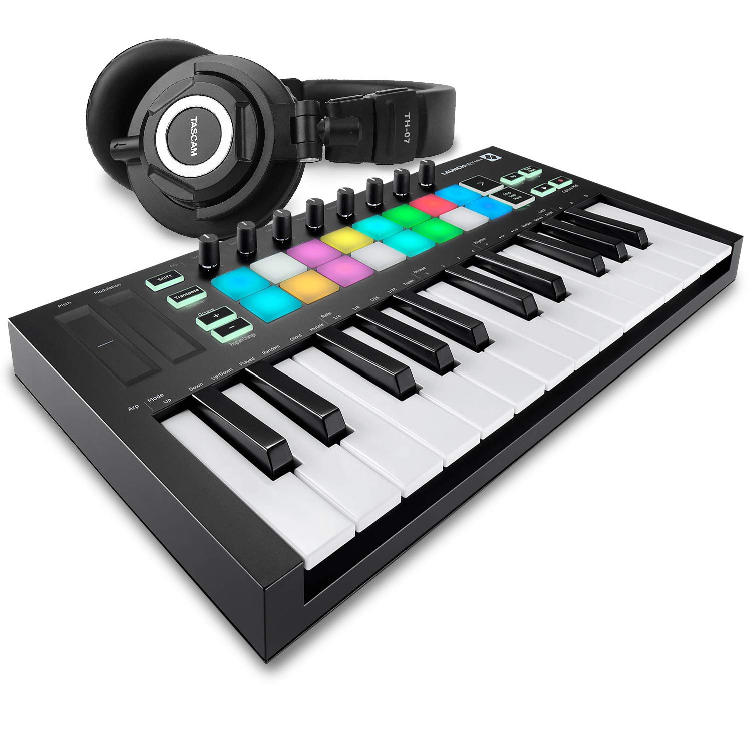 Novation Launchkey Mini MK3 25-Key USB MIDI Keyboard Controller with Tascam TH-07 Studio Headphones & Microfiber Cloth - Perfect for Music Production, Home Recording & Live Performance