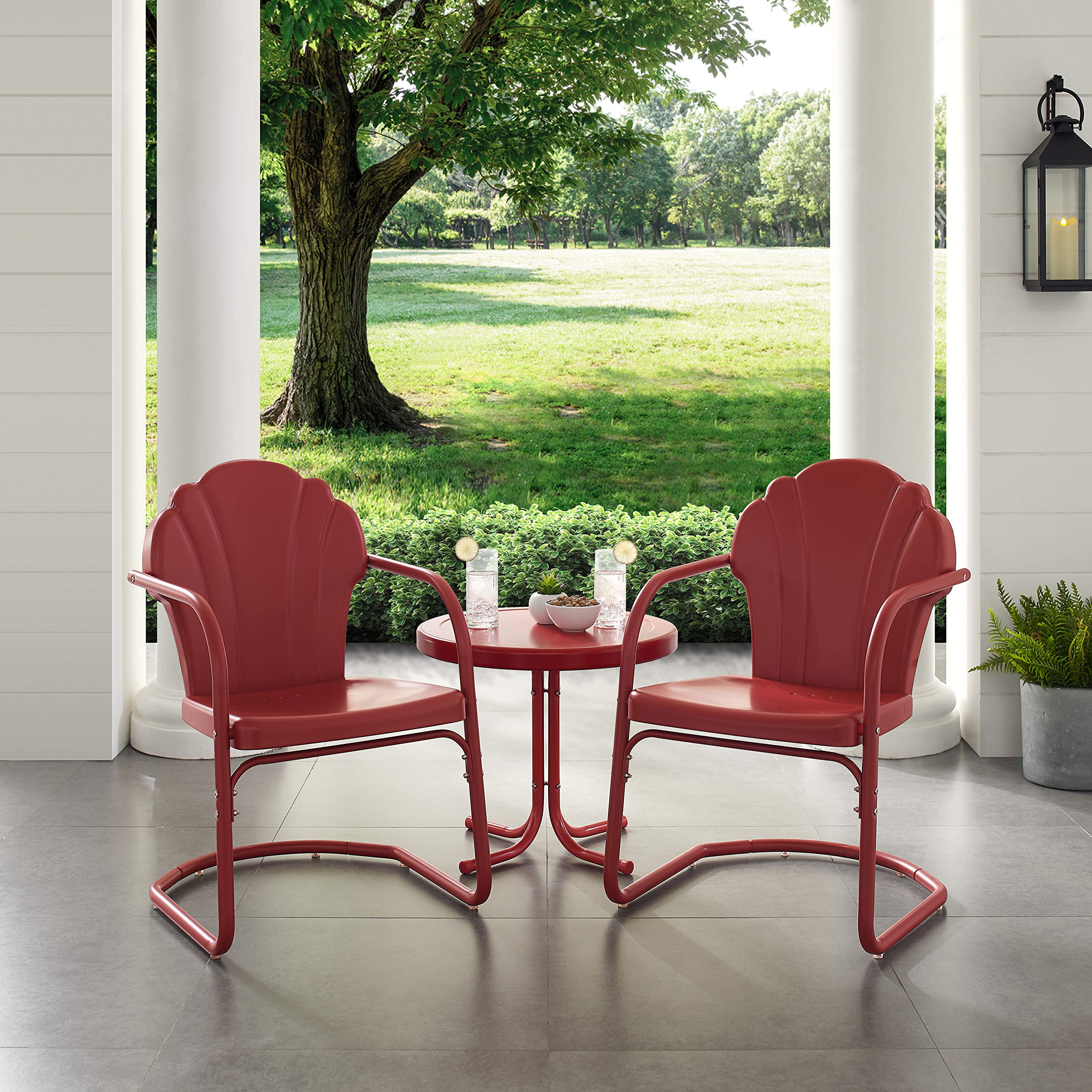 **Crosley Furniture Tulip 3-Piece Outdoor Chair and Side Table Set - Retro Metal Patio Conversation Set in Red - Perfect for Garden, Backyard, and Poolside Relaxation**