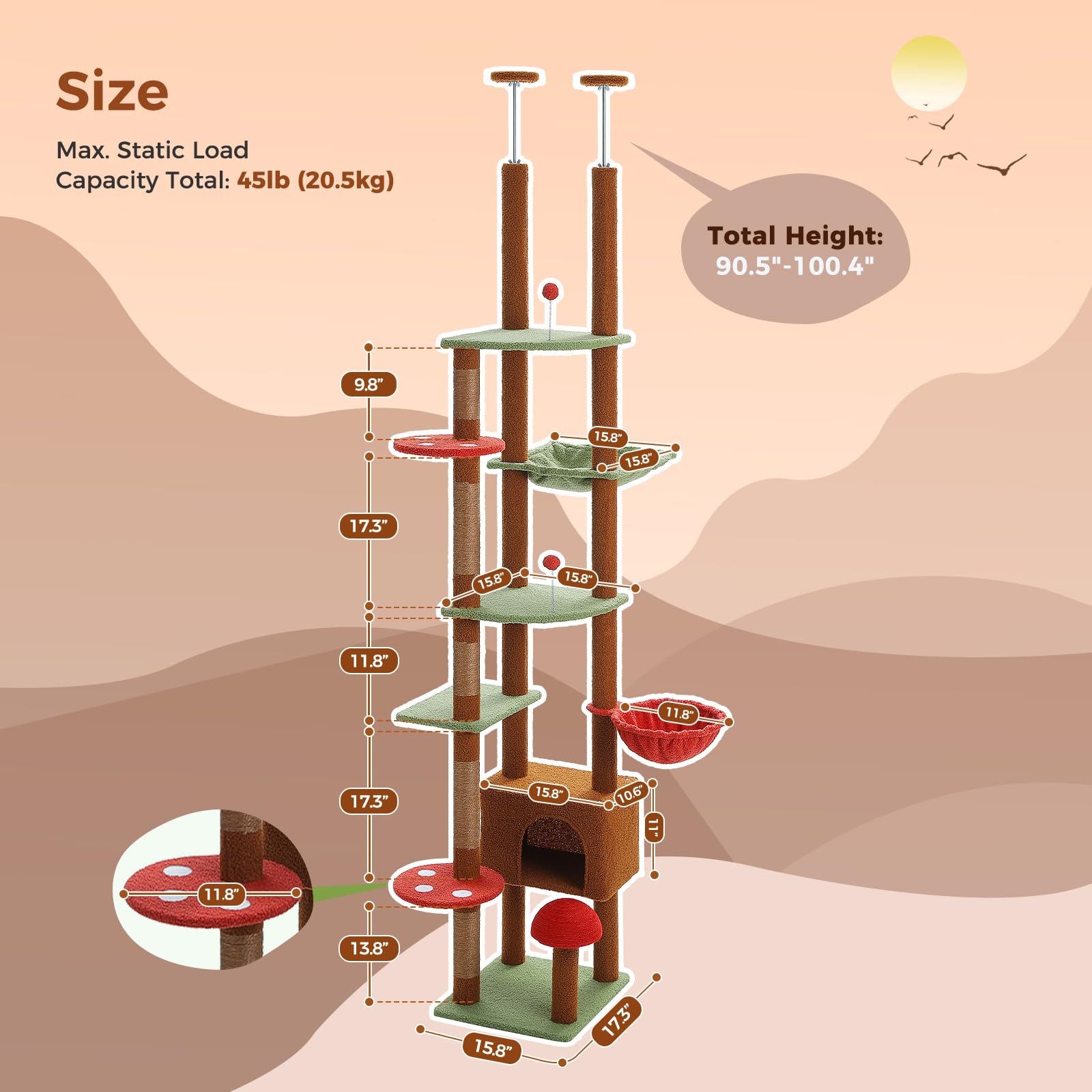 PEQULTI Adjustable Floor to Ceiling Cat Tree Tower (90.5