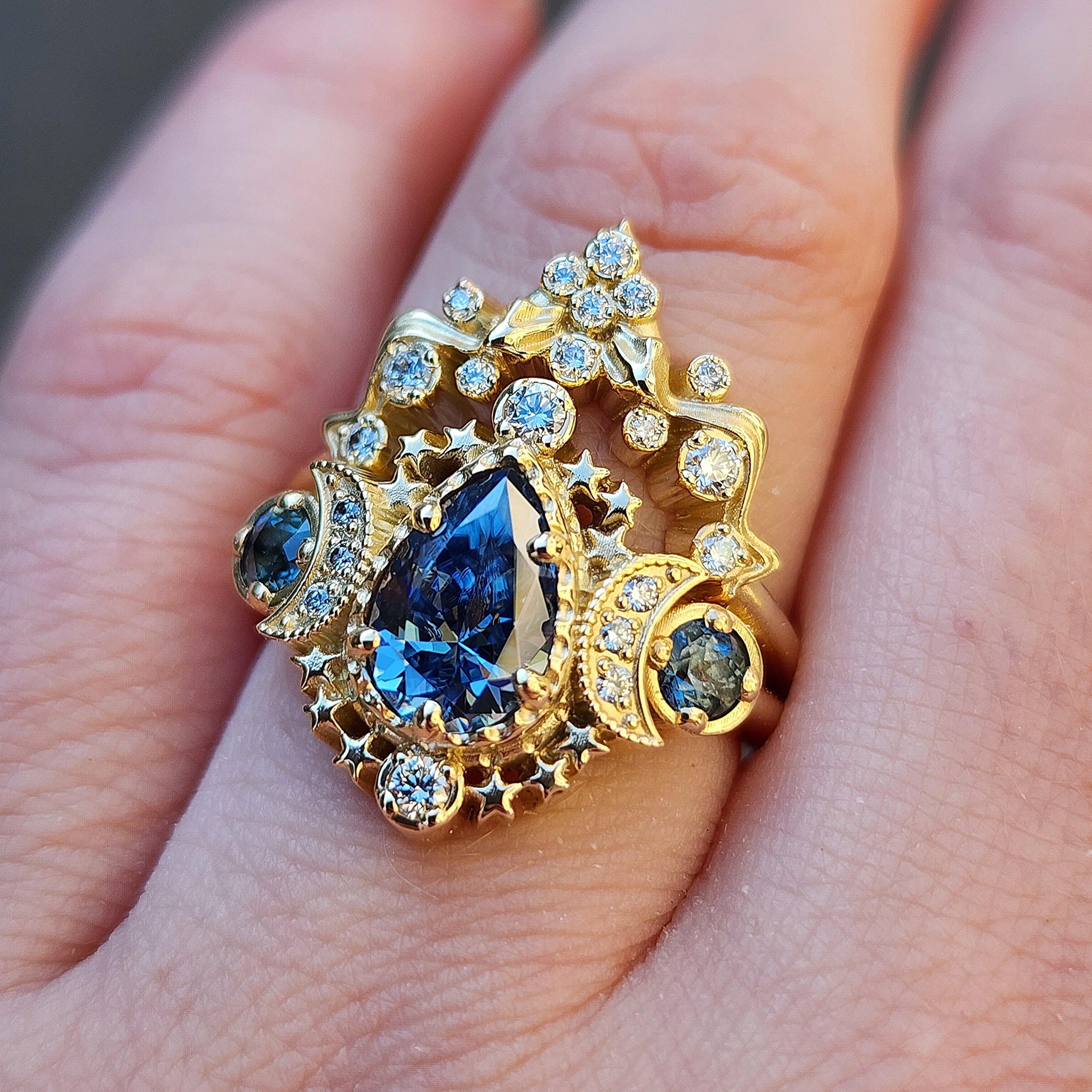 14K Gold Pear Cosmos Engagement Ring & Nagini Snake Wedding Band Set - Blue Moissanite & Bi-Color Sapphires with Diamonds - Handcrafted Jewelry for Proposals, Weddings & Anniversaries - SwankMetalsmithing