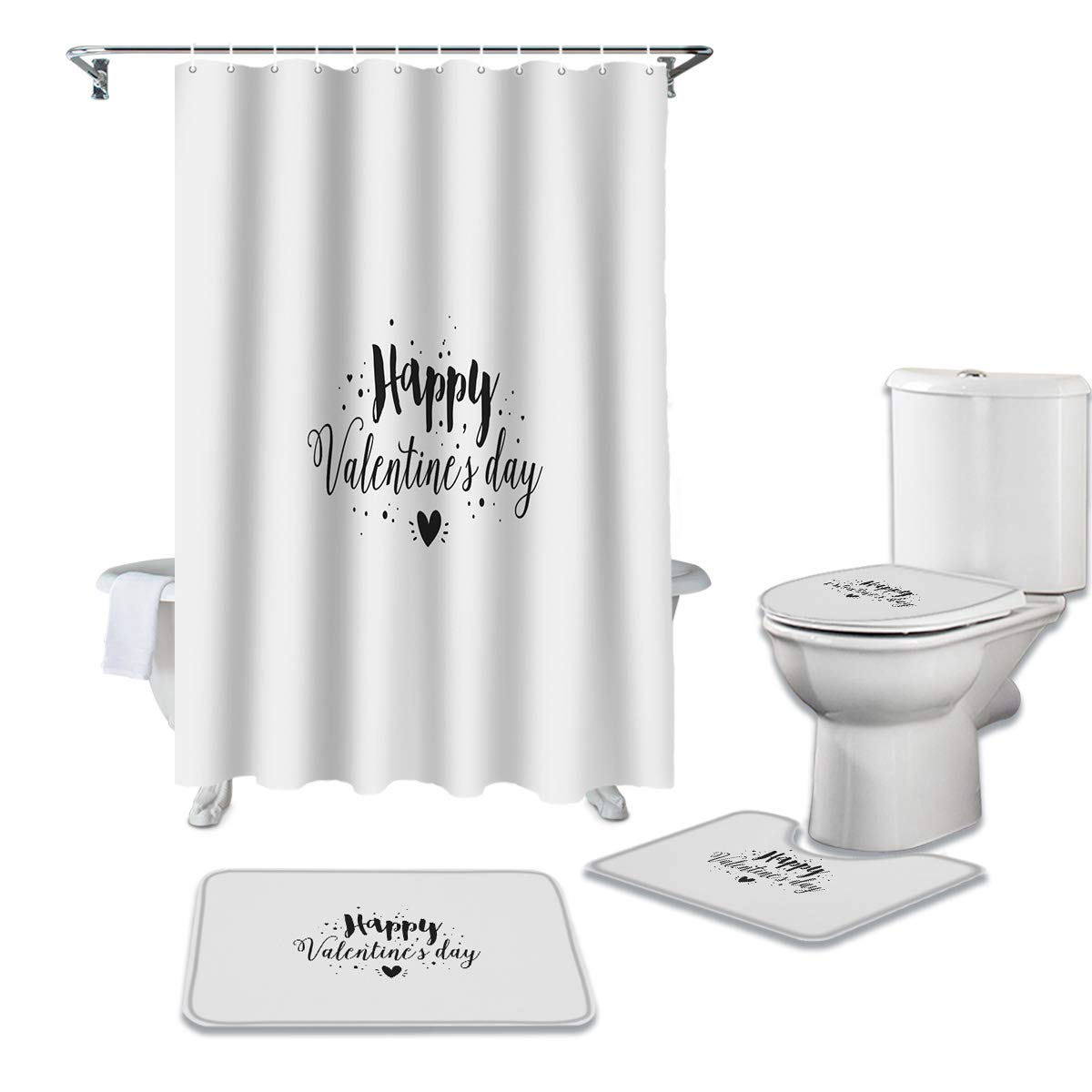 Greaben 4Pcs Valentine's Day Shower Curtain Set - Waterproof Bathroom Decor with Non-Slip Rugs, Toilet Cover & Bath Mat | Romantic Bathroom Upgrade for Couples Gift
