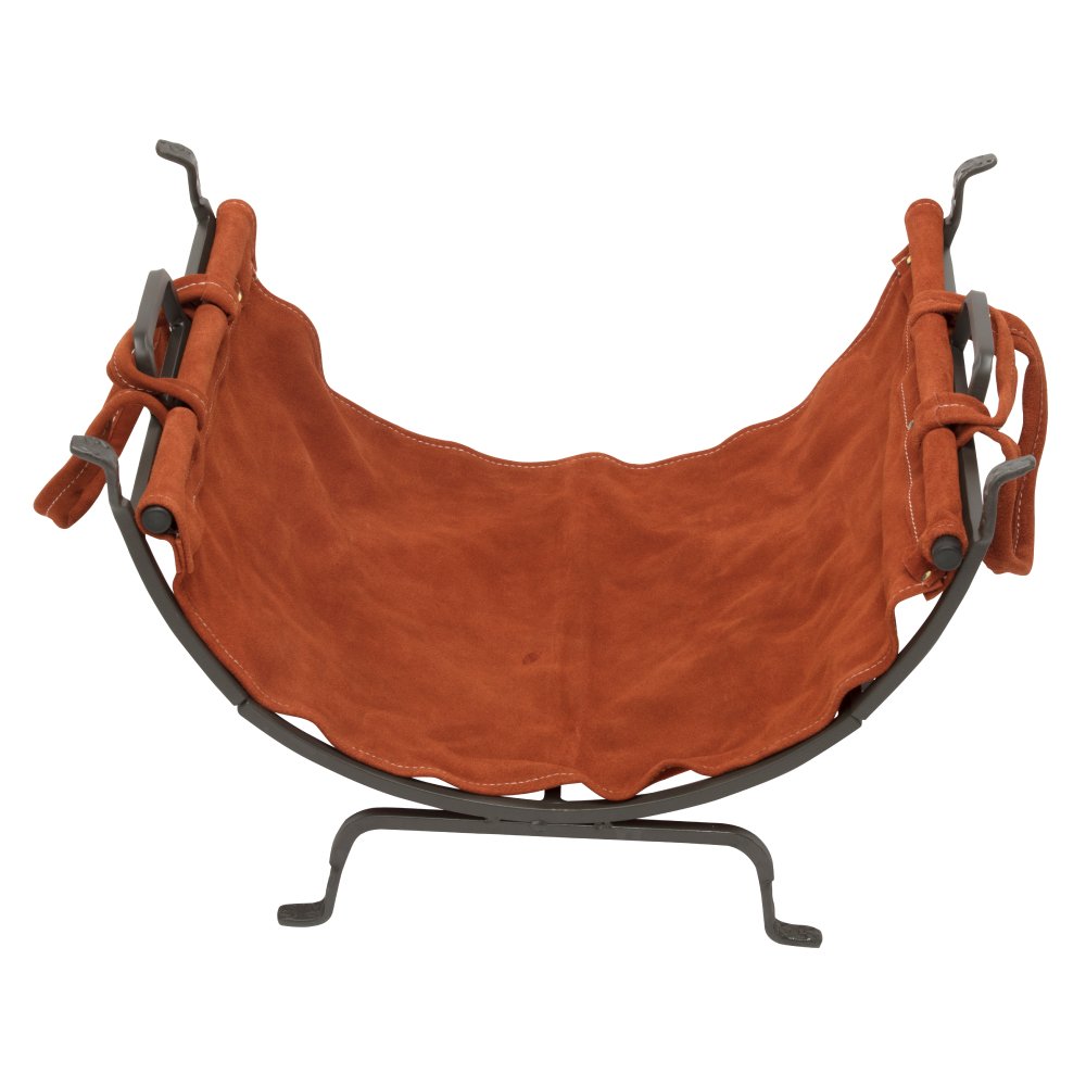 Uniflane Olde World Iron Firewood Log Holder with Suede Leather Carrier - Rustic Fireplace Accessory for Indoor/Outdoor Use - Perfect for Firewood Storage by Fireplace, Patio or Camping