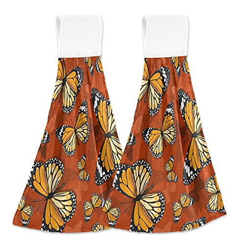 Monarch Butterflies Kitchen Towels Set of 2 - Soft Absorbent Coral Velvet Hand Towels with Loop for Bathroom, Dish Drying & Oven Handle - Fall Decor & Holiday Gift Idea