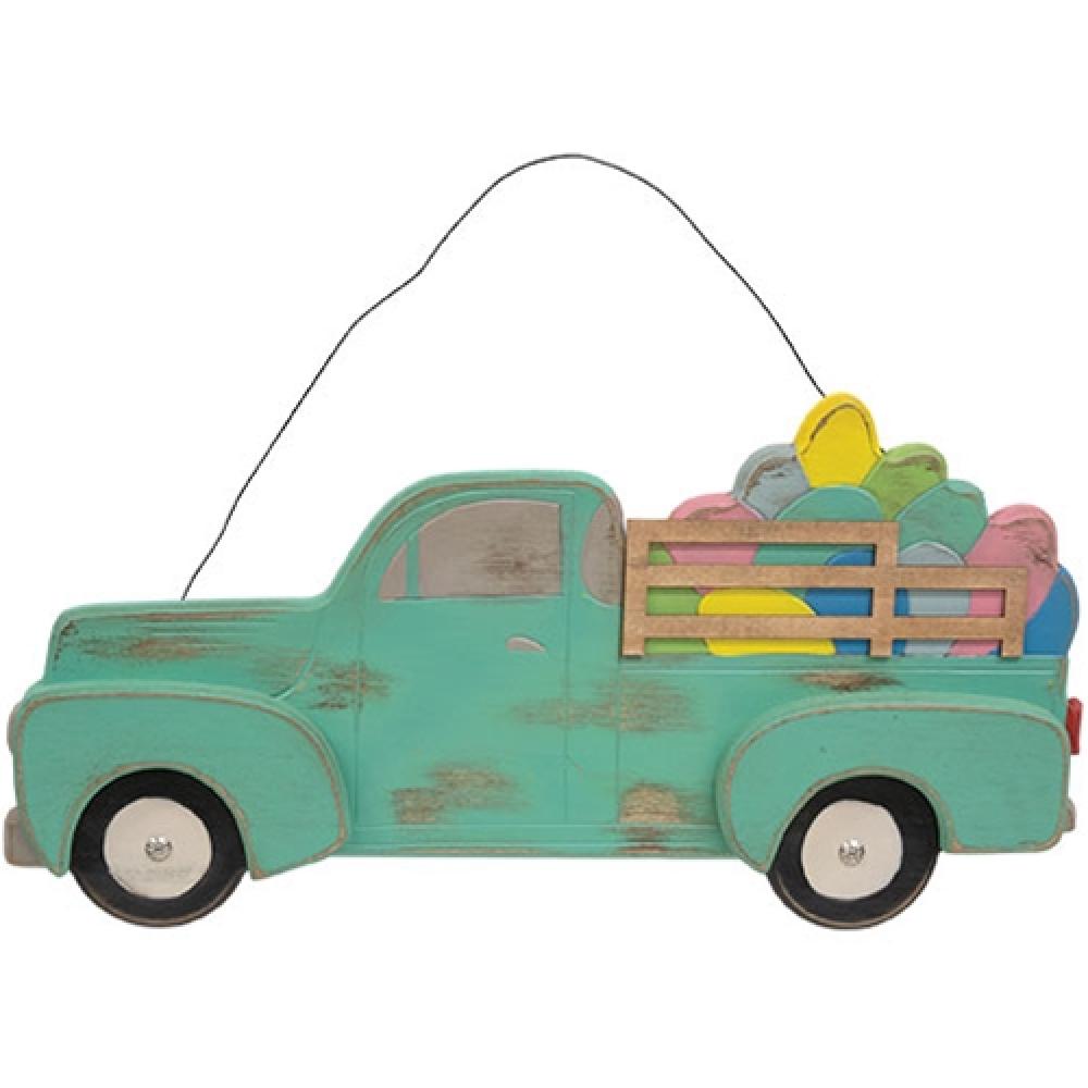 Vintage Distressed Teal Wooden Easter Egg Truck - Rustic Farmhouse Hanging Decor for Spring, Easter Party, and Home Décor