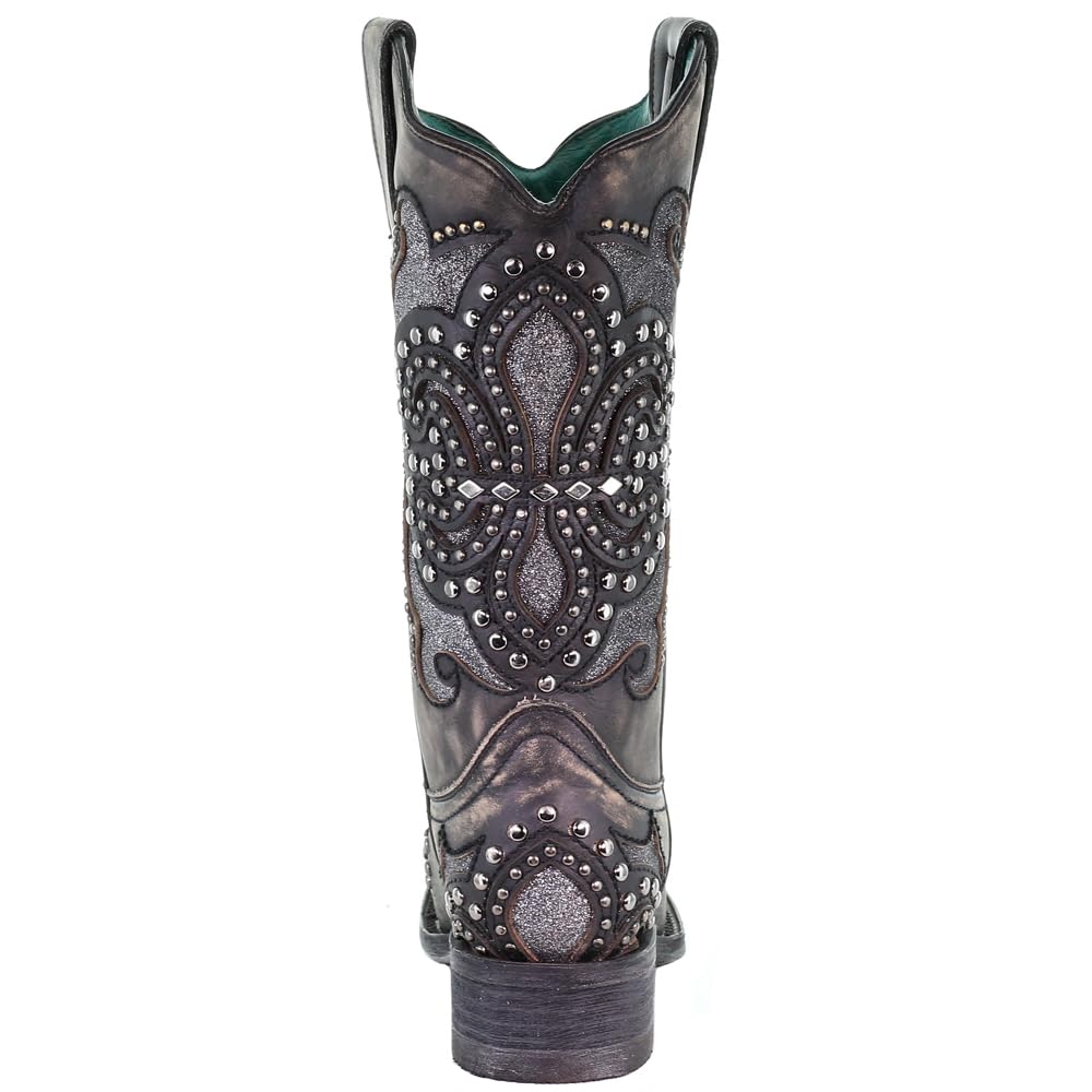 Women's Corral Glitter Studded Tooled Inlay Snip Toe Dress Boots - Mid Calf, Low Heel 1-2