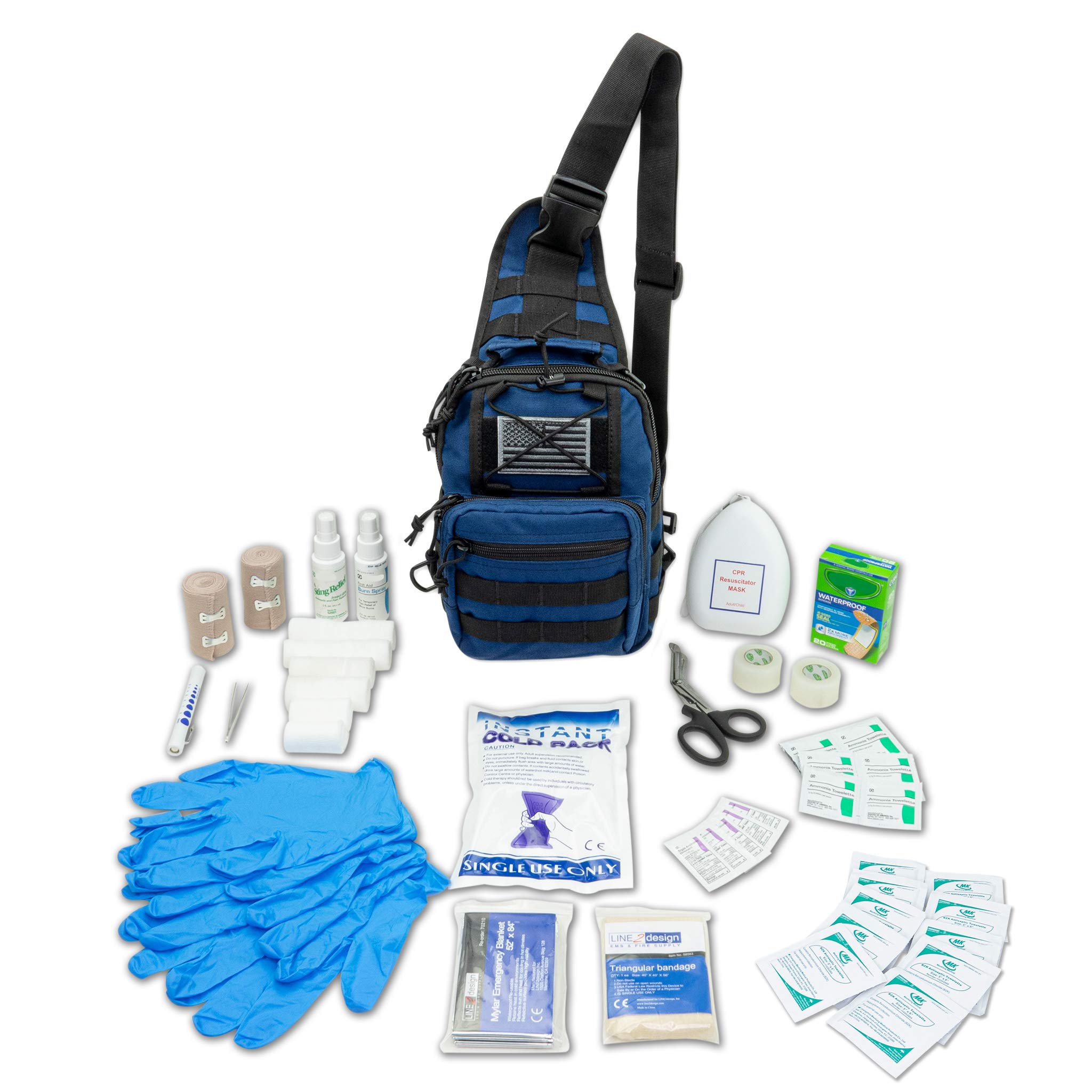 LINE2design Complete First Aid Sling Backpack Kit - EMS Emergency Medical Supplies & Tactical Molle Bag for Outdoor Sports, Camping, Hiking - Heavy Duty Indoor/Outdoor Use - Navy Blue (Ideal for First Responders, Survival Kits & Adventure Travel)