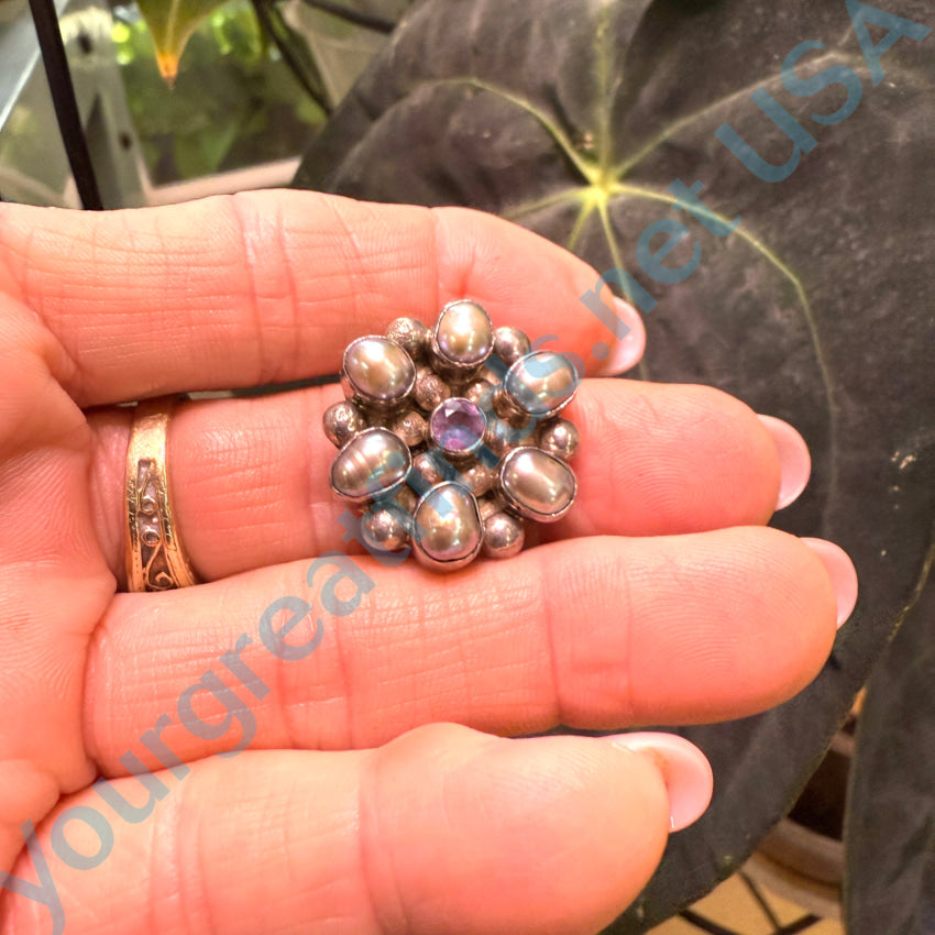 Elegant Sterling Silver Black Freshwater Pearl & Amethyst Cluster Pendant Necklace | Perfect for Weddings, Anniversaries & Special Occasions