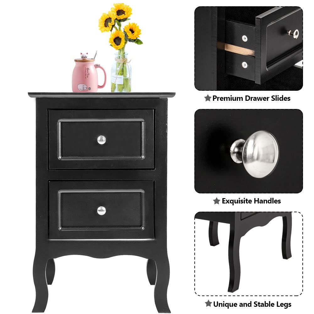 Henf Black Nightstand Set of 2 - Wooden Side Tables with 2 Drawers, Farmhouse Bedside Storage Cabinets, Solid Wood Legs End Tables - Perfect for Bedroom, Living Room & Guest Room Decor