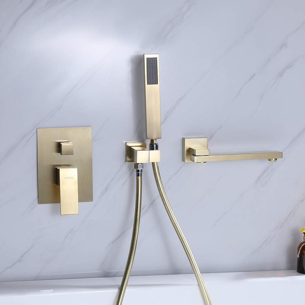Solid Brass Wall Mounted Bathtub Faucet with 180° Swivel Handheld Shower - Modern Single Handle Bathroom Tub Filler Set in Brushed Gold Finish | Perfect for Spa-Like Bathing Experience and Small Bathroom Spaces