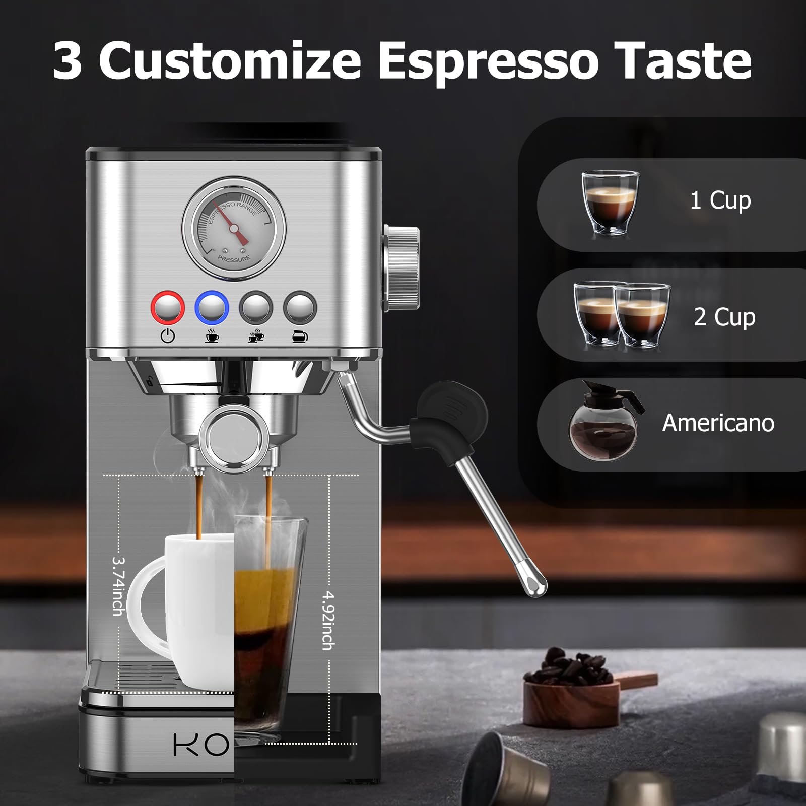 KOIOS 1200W Semi-Automatic Espresso Machine with Foaming Steam Wand - 20 Bar Pressure, 58oz Removable Water Tank - Perfect for Home Baristas to Make Espresso, Cappuccino & Latte - Ideal for Morning Coffee, Afternoon Pick-Me-Up & Entertaining Guests