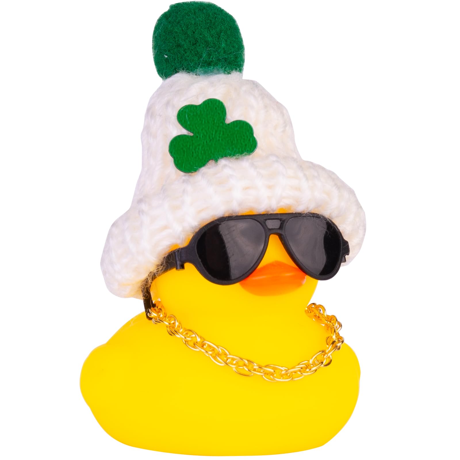 Cute Rubber Duck Car Dashboard Decoration with Mini Beanie Hat, Necklace & Sunglasses - Fun St. Patrick's Day Car Accessories for Party & Holiday Decor