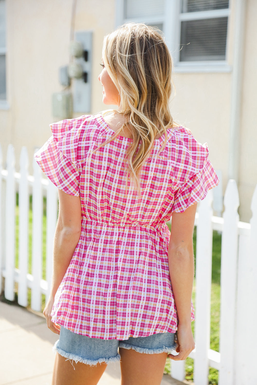 Stylish Fuchsia Plaid V-Neck Ruffle Elastic Babydoll Top for Women | Flirty & Feminine Casual Wear | Perfect for Dates, Parties & Everyday Outfits