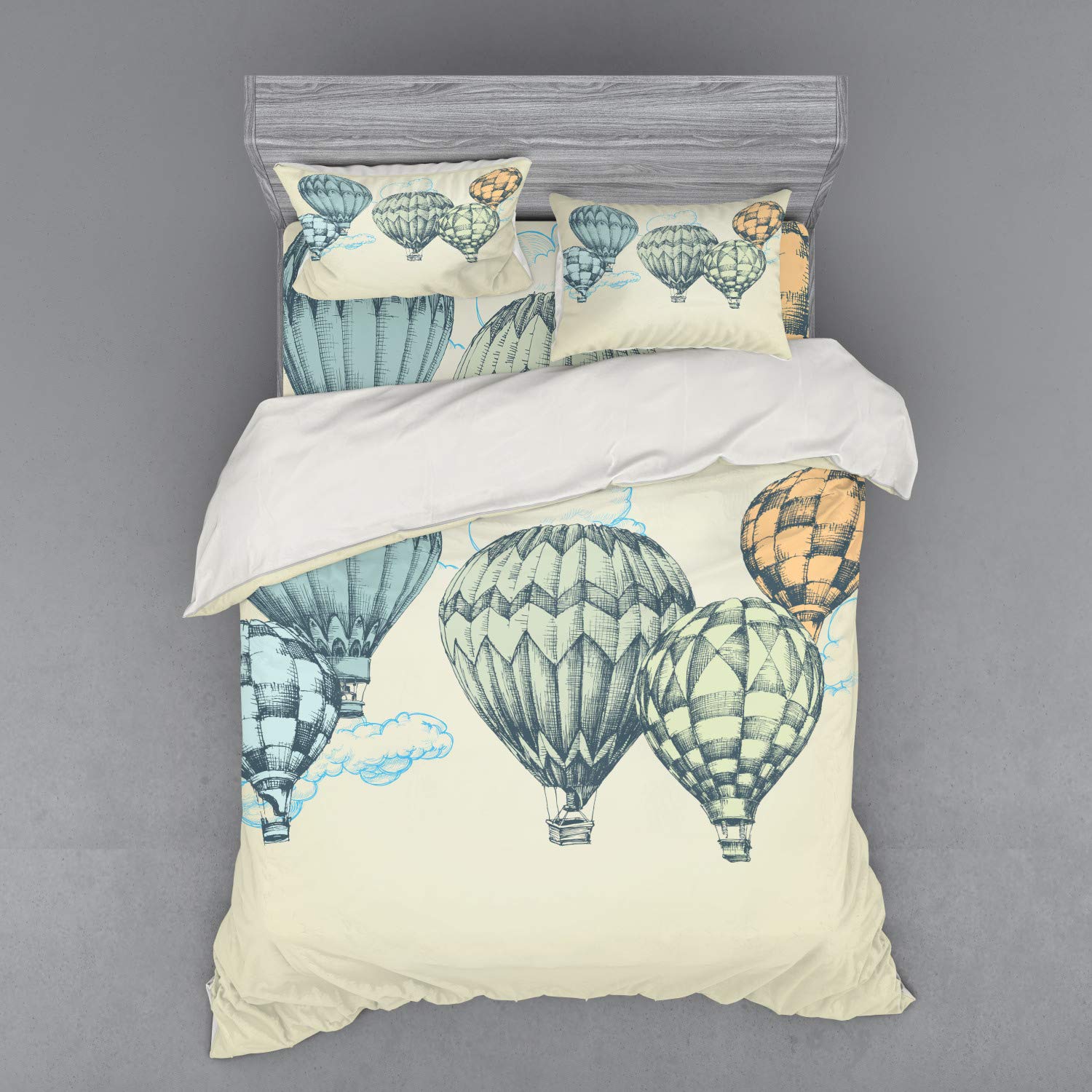 Ambesonne Vintage Bedding Set - Hot Air Balloon Sky Print Duvet Cover 4 Piece Set with Shams & Fitted Sheet, Queen Size, Soft Green Blue Tones | Perfect for Guest Rooms, Vacation Homes & Boho Bedroom Decor