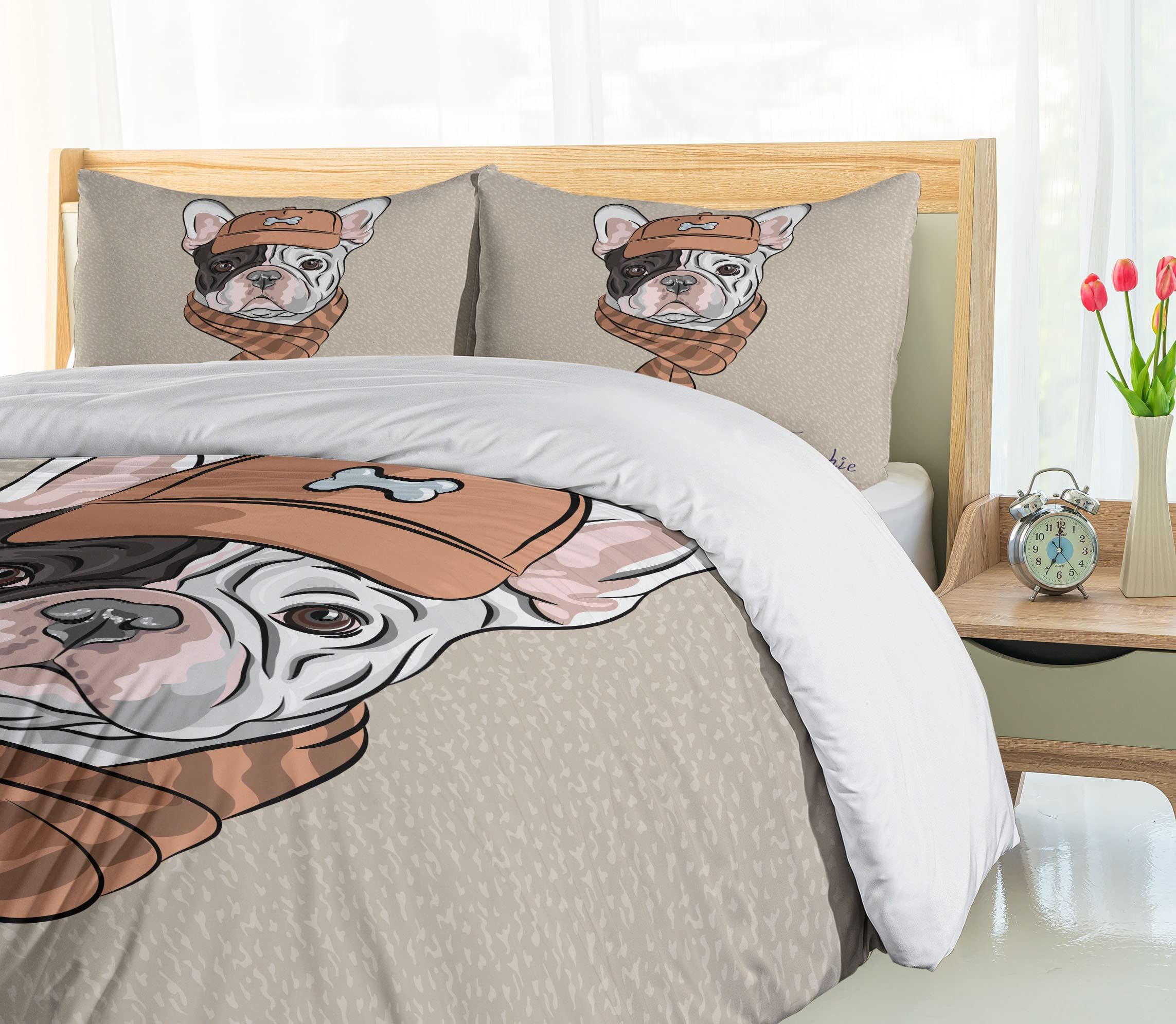 Ambesonne Dog Duvet Cover Set - Cartoon Bulldog with Cap & Scarf French Fashion Print, 3-Piece Queen Size Bedding Set with 2 Pillow Shams in Tan & Brown | Perfect Gift for Dog Lovers, Cozy Bedroom Decor for Winter