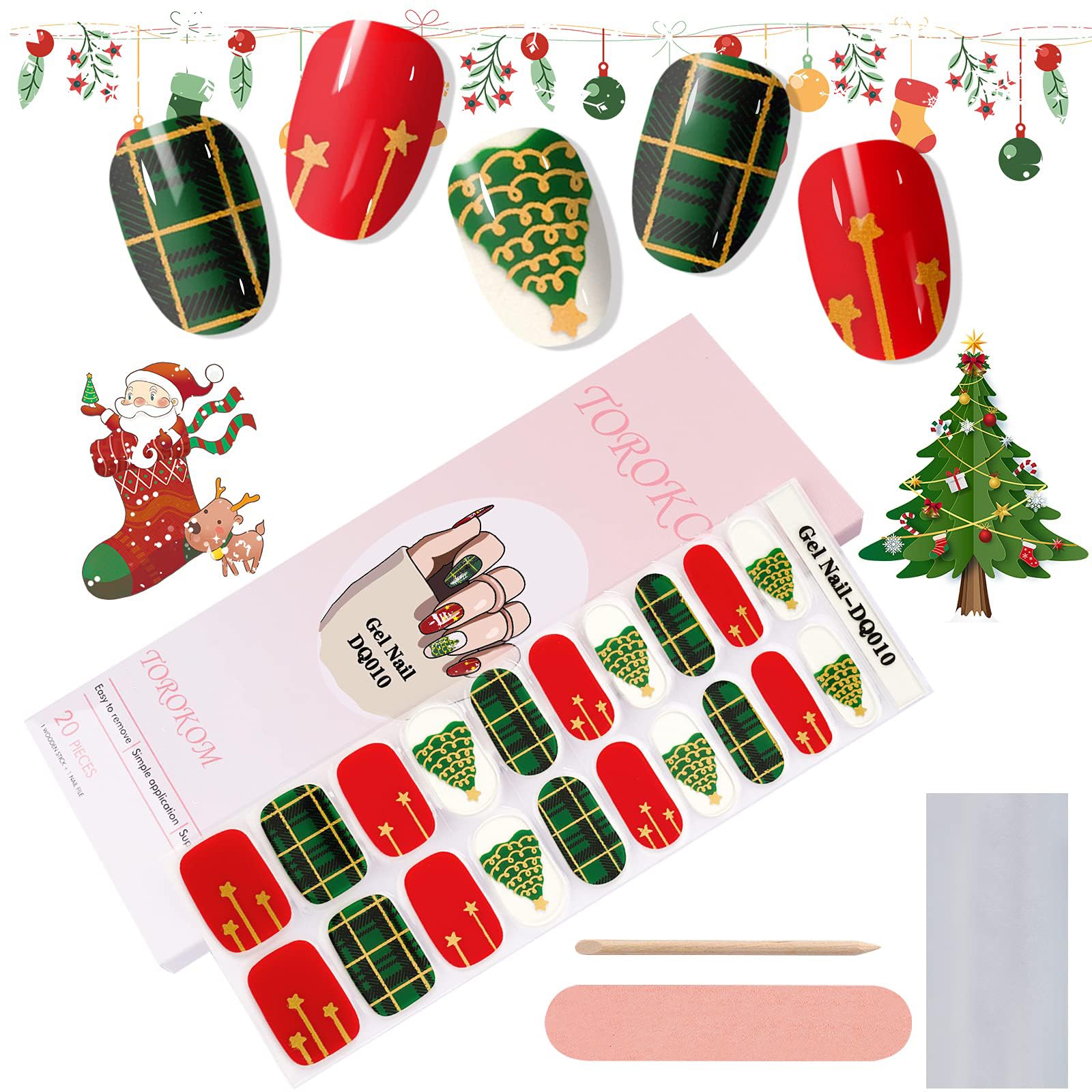 TOROKOM Christmas Gel Nail Polish Strips - 20PCS Holiday Nail Art Stickers with Xmas Tree Designs, Nail File & Stick for Women & Girls | Perfect for Christmas Parties, Gift Giving & Festive Nail Decorations