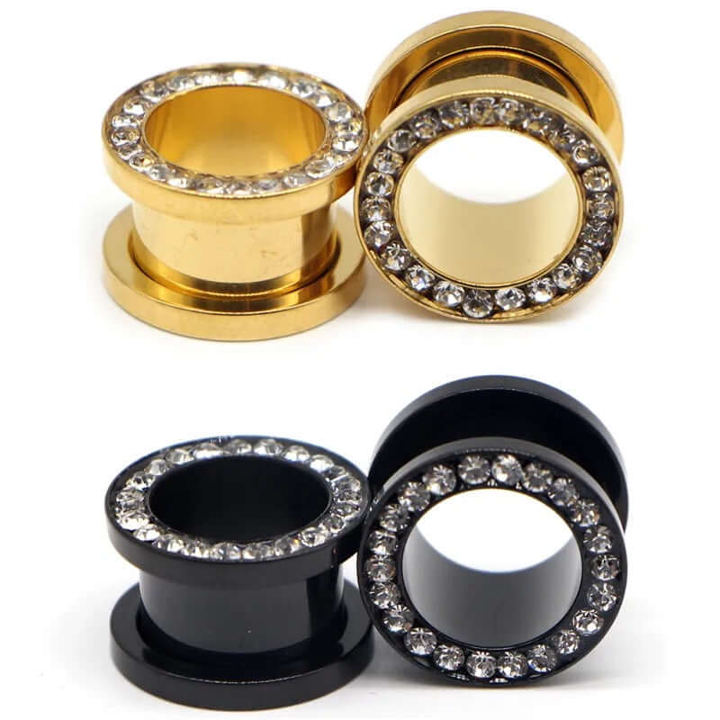 Black CZ Hollow Screw Fit Tunnel Plug Set | UZ299 | Stylish Body Jewelry for Ear Stretching & Alternative Fashion