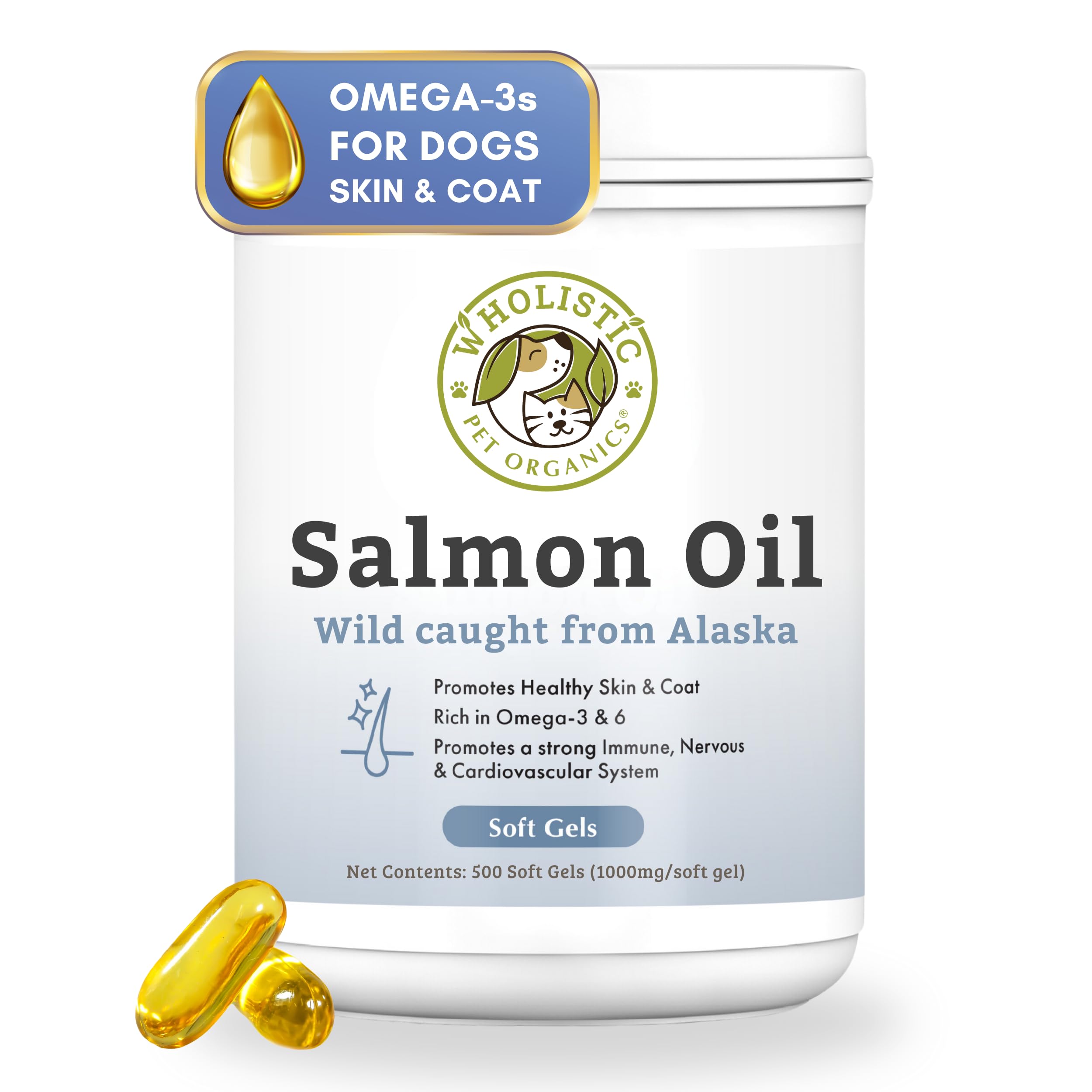 Wholistic Pet Organics Wild Alaskan Salmon Oil for Dogs - 500 Soft Gels - Omega 3 Fish Oil with EPA & DHA for Skin, Coat, Joint & Heart Health - Dog Skin & Coat Supplement - Perfect for Daily Wellness & Allergy Relief
