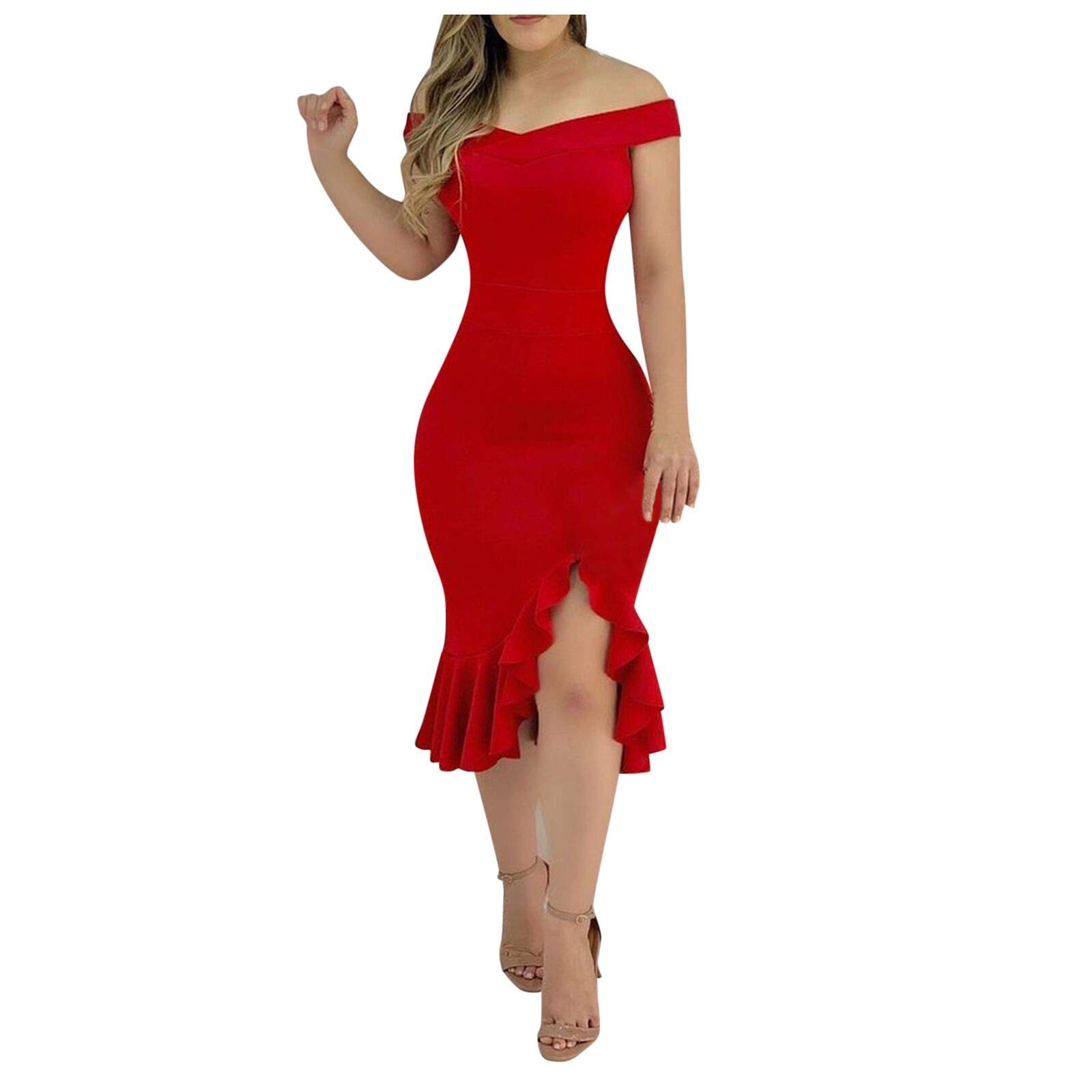 Elegant Off Shoulder Evening Party Dress for Women - Split Ruffle Hem Midi Gown, Sexy Wedding Guest Outfit for Cocktail Parties, Date Nights & Special Occasions