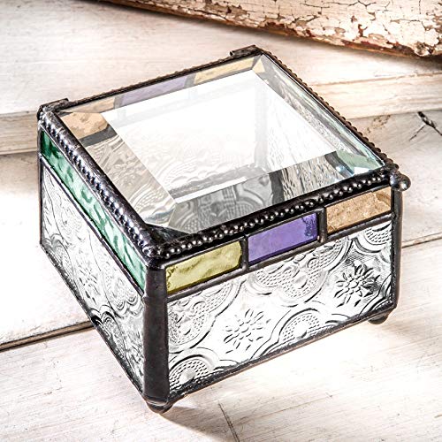 J Devlin Stained Glass Jewelry Dish - Handmade Trinket Box for Rings, Earrings & Keepsakes in Purple, Blue, Peach & Turquoise | Perfect for Vanity, Dresser & Gift Giving (Box 905)