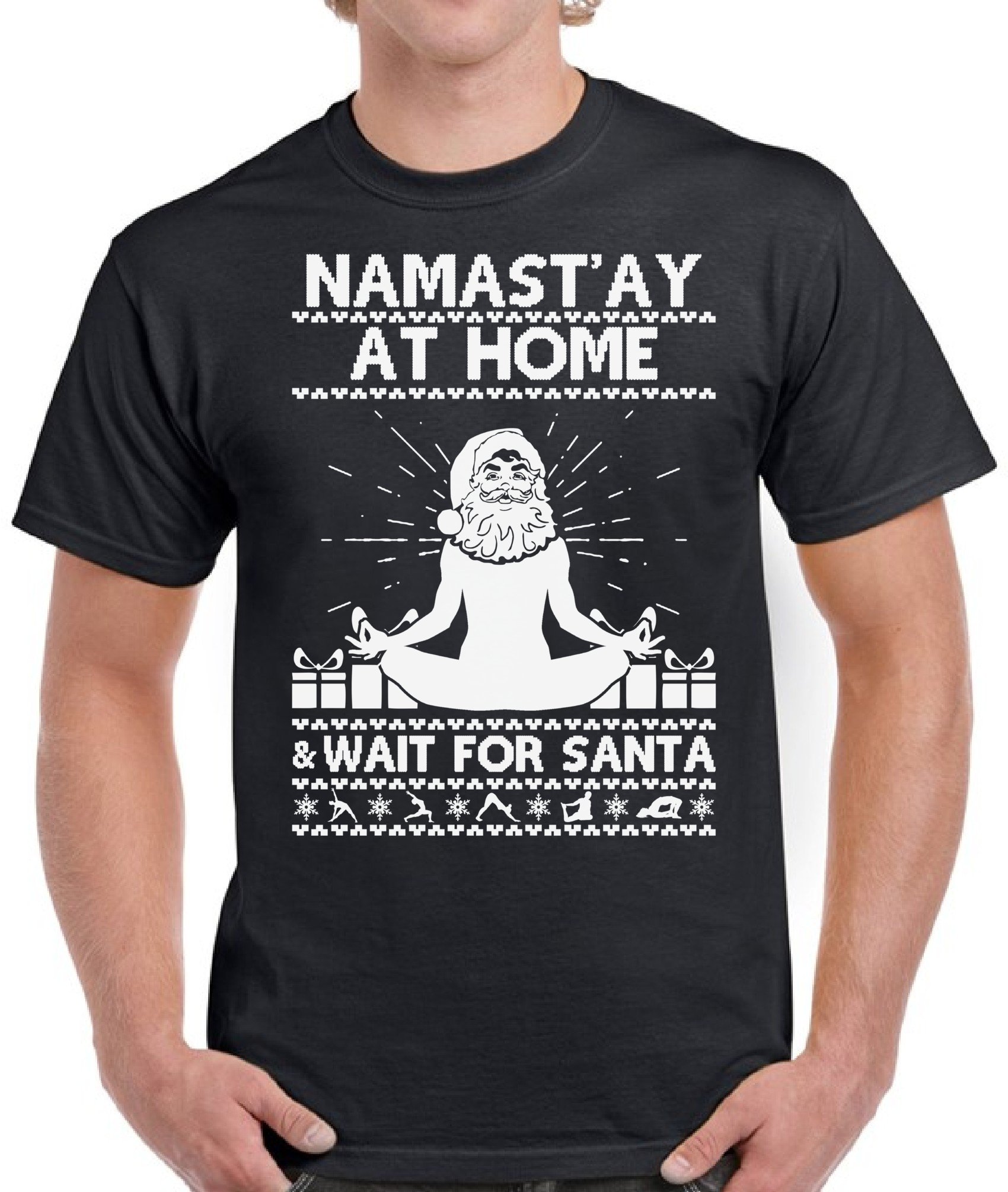 Pekatees Namastay at Home Wait for Santa Christmas T-Shirt - Holiday Yoga Top for Men - Perfect for Christmas Parties, Family Gatherings & Cozy Winter Days
