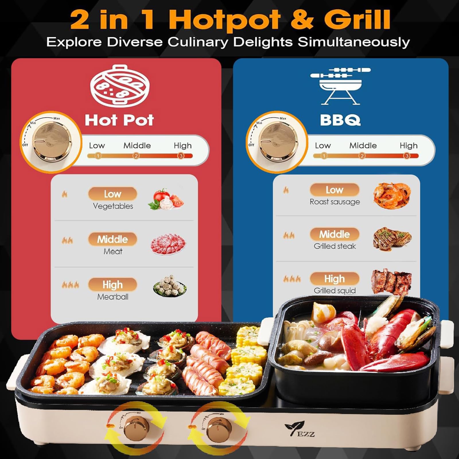 2-in-1 Electric Hot Pot & Grill with Dual Temperature Control - Smokeless Shabu Shabu & Korean BBQ for 2-10 People - Indoor Multi-Function Cooker for Family Gatherings, Dinner Parties & Cozy Meals (Beige)