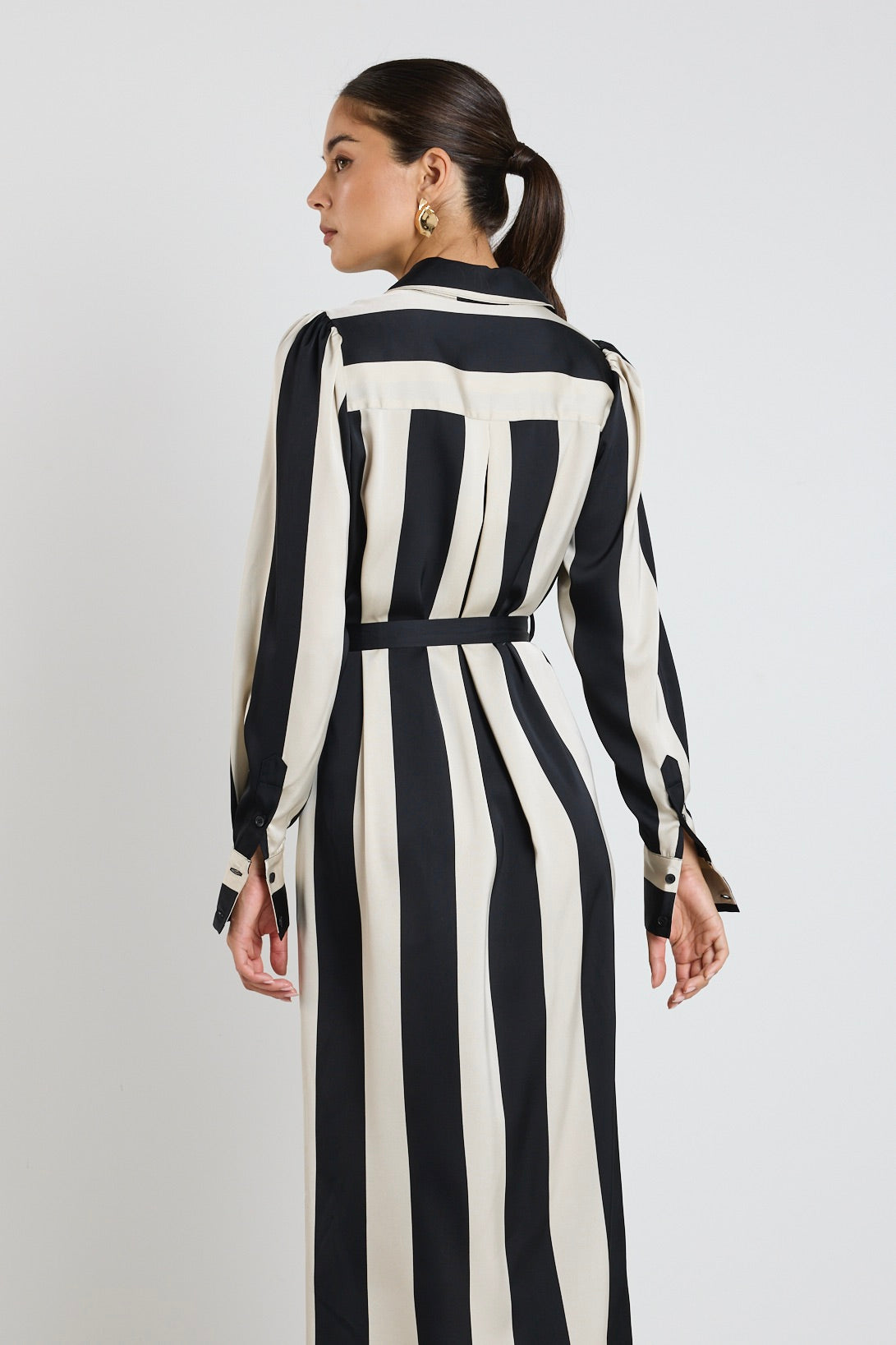 Stylish Cyprus Black Sand Stripe Satin Long Sleeve Midi Dress for Women | Elegant Office Wear & Evening Party Outfit