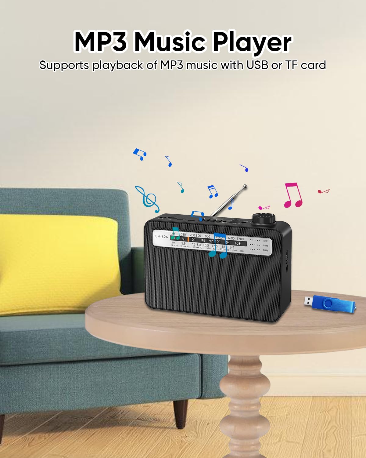 Portable AM FM Radio with Bluetooth Speaker - Rechargeable via AC/USB-C or D Batteries, 5W Output, 3.5mm Headphone Jack, TF Card/USB Playback - Perfect for Camping, Emergencies & Home Use